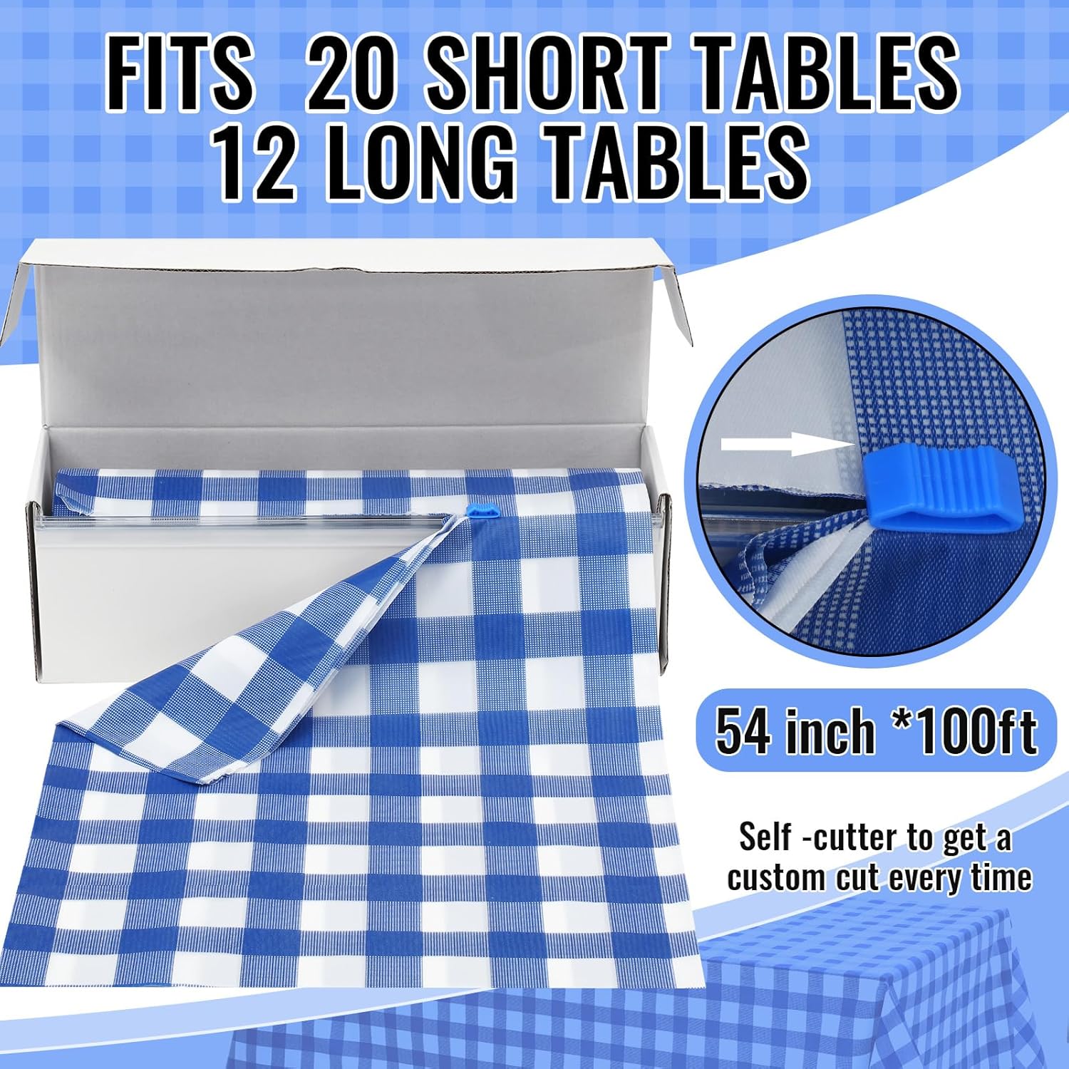 2 manteles de plástico a cuadros azules y blancos de 54 x 100 pies, mantel desechable en rollo con caja autocortadora para interiores y exteriores
