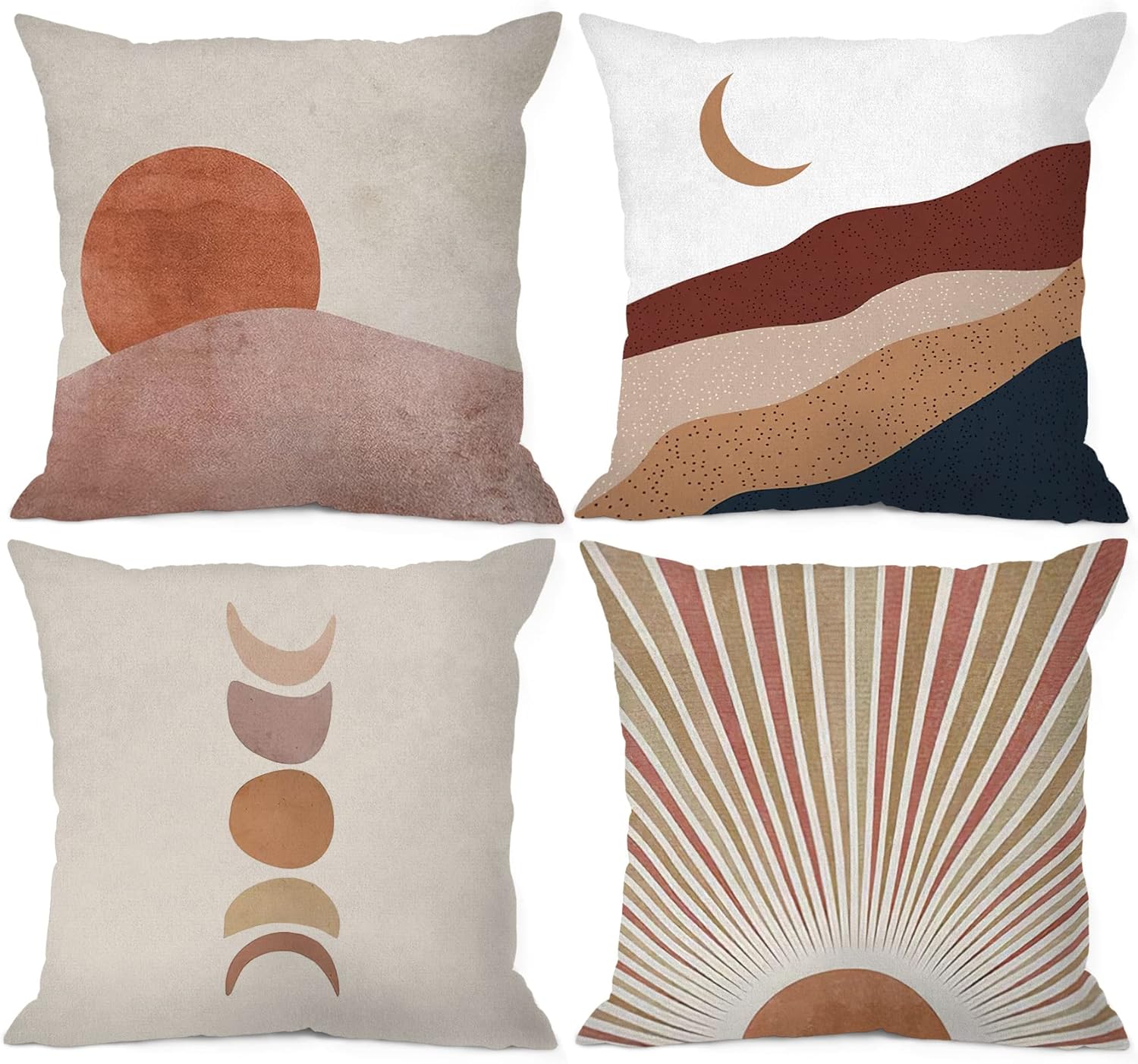 Funda de almohada abstracta bohemia con diseño de puesta de sol y luna, diseño bohemio de 18 x 18 pulgadas (juego de 4), decoración abstracta