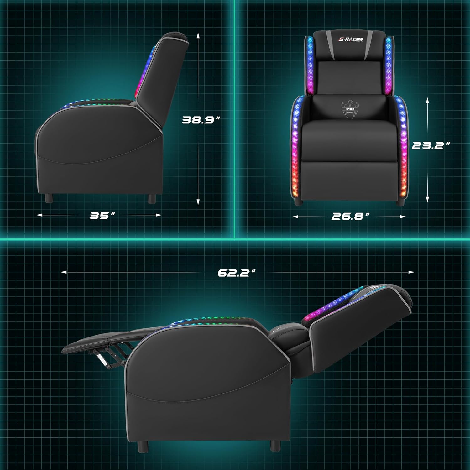 Homall Silla reclinable de masaje LED para juegos, estilo carreras, sofá reclinable de piel sintética, cómodo asiento ergonómico para cine en casa