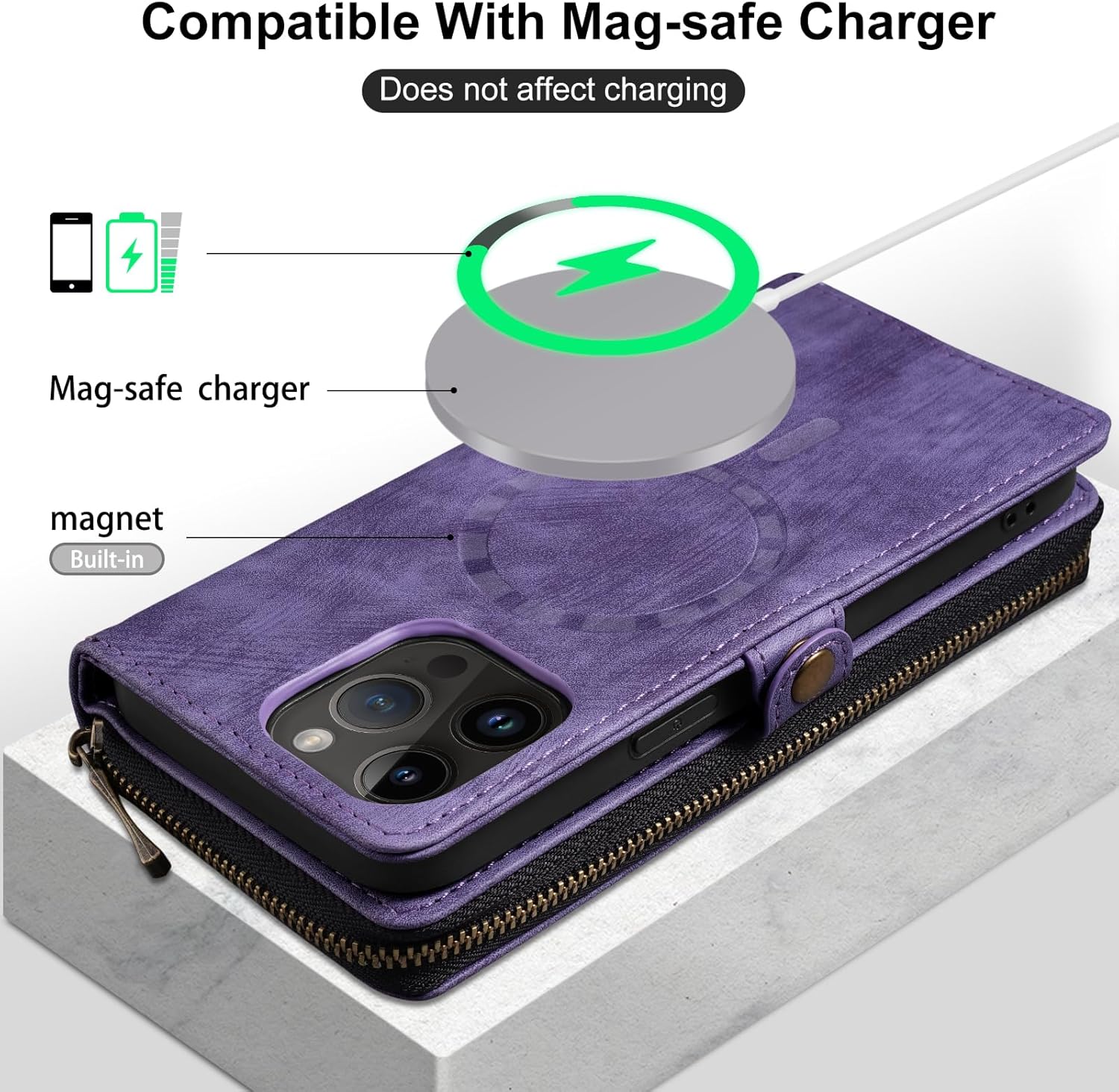 Rssviss Funda tipo cartera para iPhone 15 Pro Max Crossbody con correa para la muñeca, funda con cremallera abatible compatible con Magsafe, funda