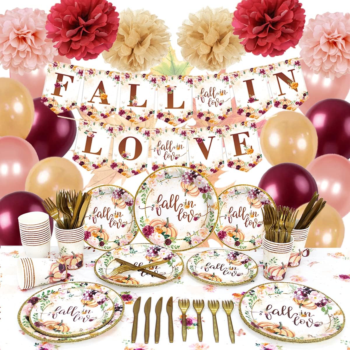 Juego de decoraciones de fiesta de otoño con diseño floral de calabaza, incluye manteles de otoño, plato de cena de enamoramiento, globos bohemios,