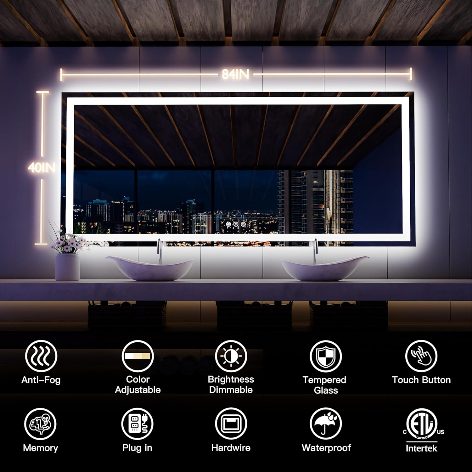 ISKM Espejo LED grande de 84 x 40 pulgadas para baño retroiluminado y frontal iluminado para montaje en pared, antiniebla, regulable, función de