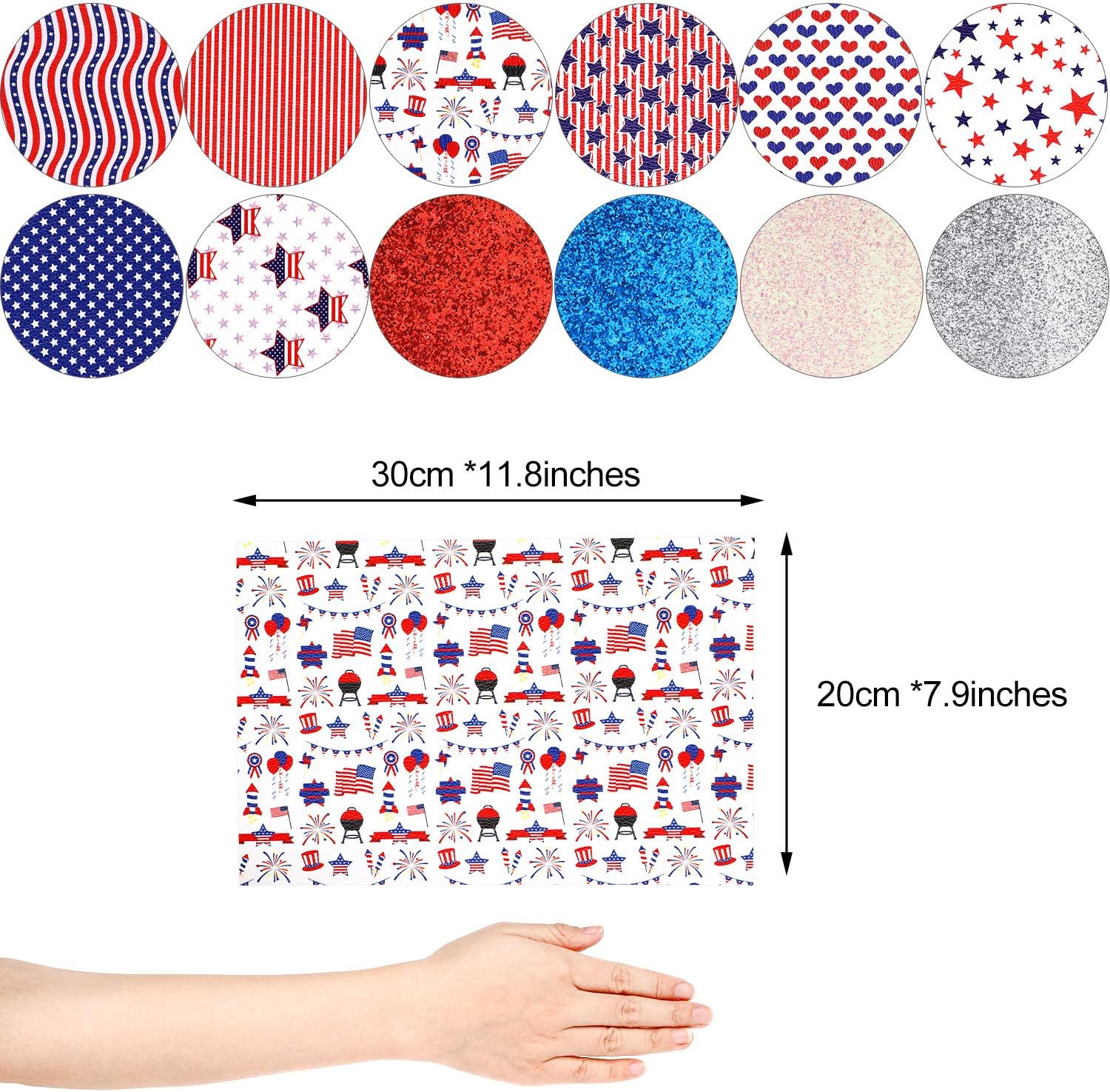 11.8 pulgadas x 7.9 pulgadas de largo, 12 piezas de hojas de cuero sintético con diseño de bandera estadounidense y lentejuelas con purpurina, tela