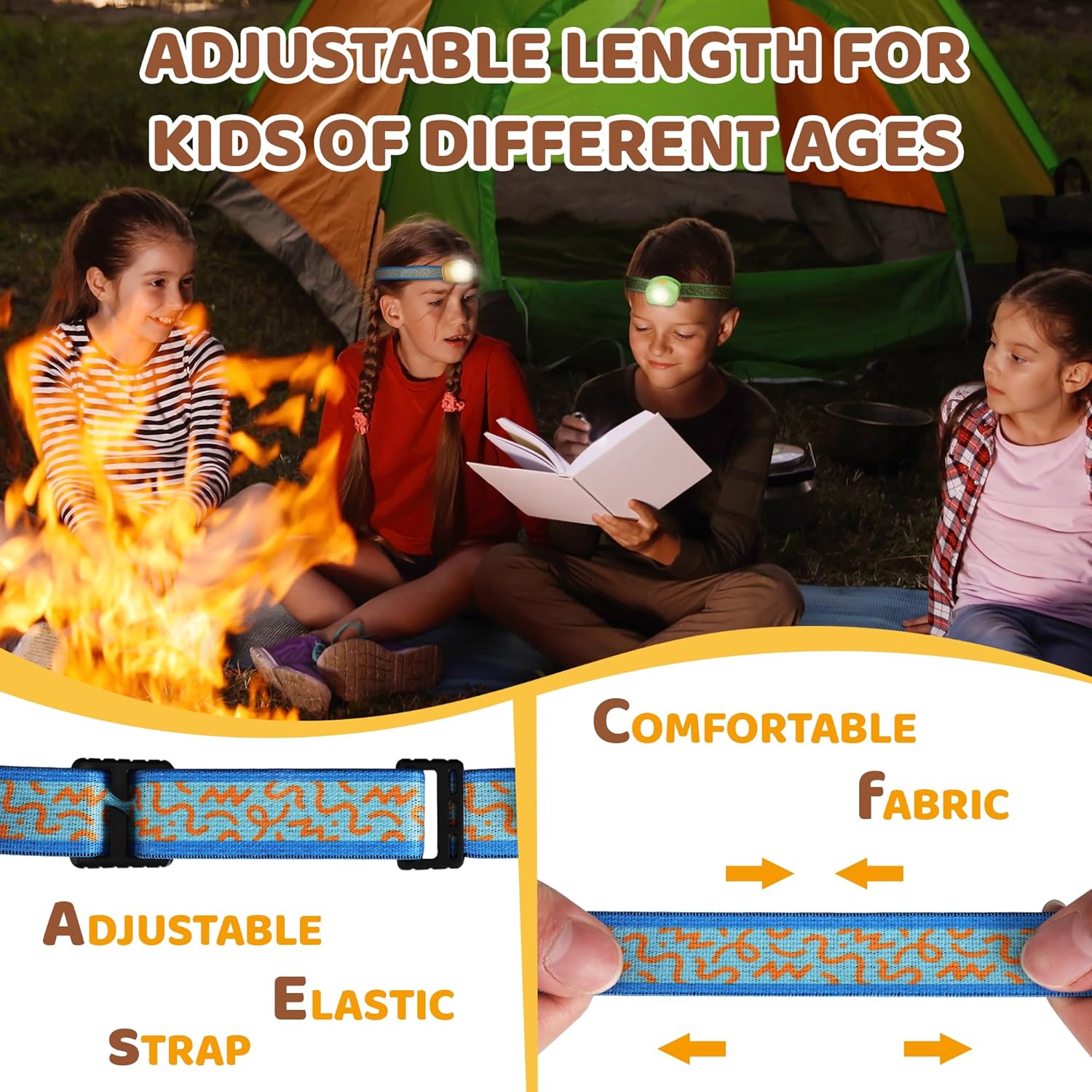 EverBrite Linterna frontal LED recargable para niños con modo RGB y diadema ajustable, 3 modos de faros multicolor para niños, lámpara de cabeza