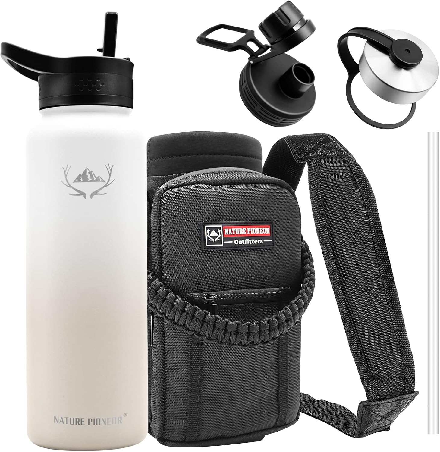 NATURE PIONEOR Botellas de agua aisladas con pajilla, botella de agua de acero inoxidable de 243240 onzas con soporte, portadorfunda, reutilizable,