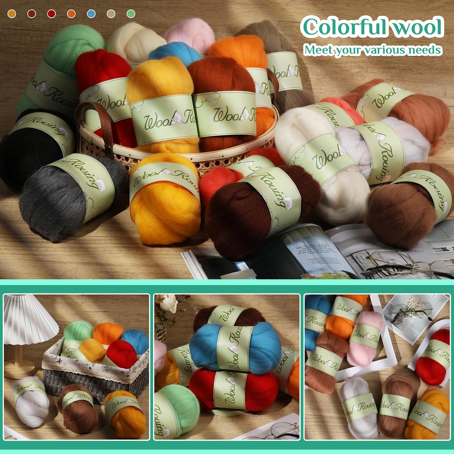 Mayboos Hilo de lana de 1.76 onzas, lana natural de color, suministros de fieltro de lana pura, lana gruesa para fieltro de aguja, fieltro húmedo,