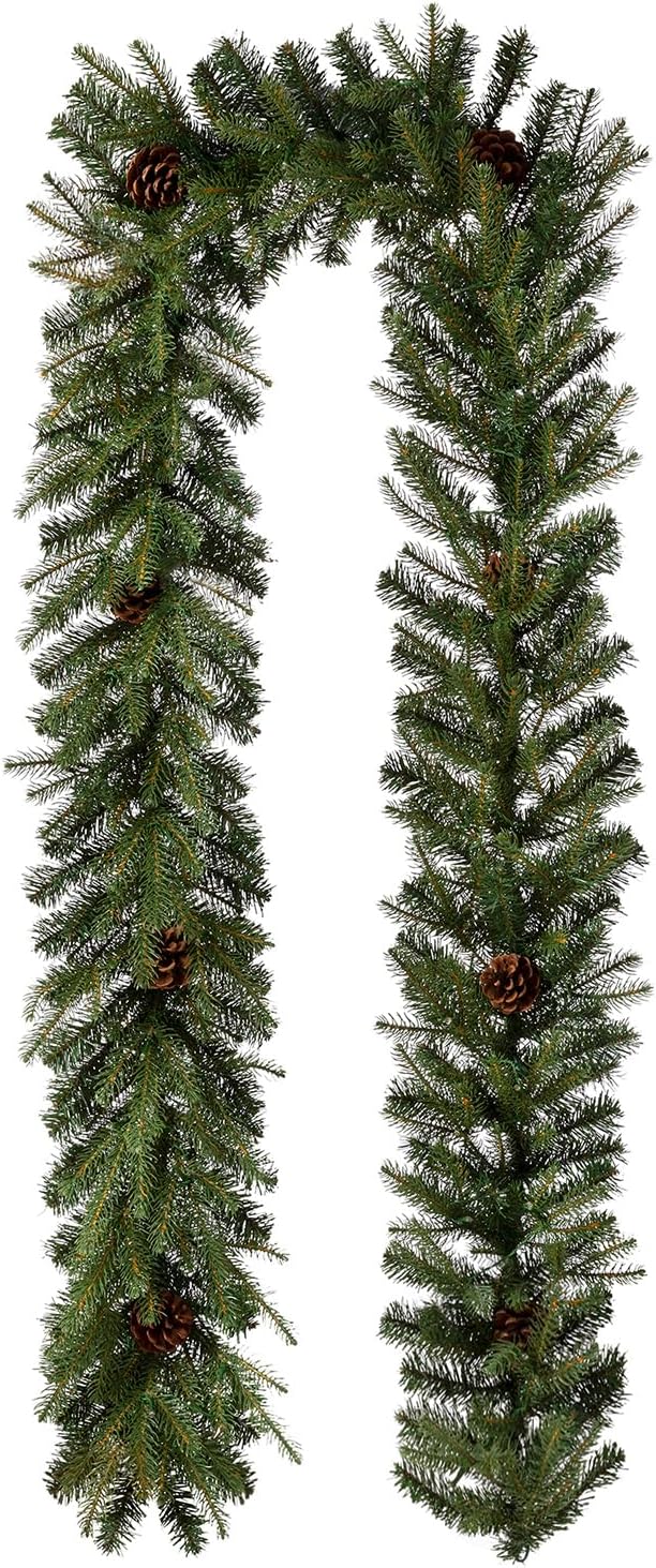 Glitzhome Guirnalda de Navidad preiluminada con cono de pino verde flocado con luz LED blanca cálida – 9 pies
