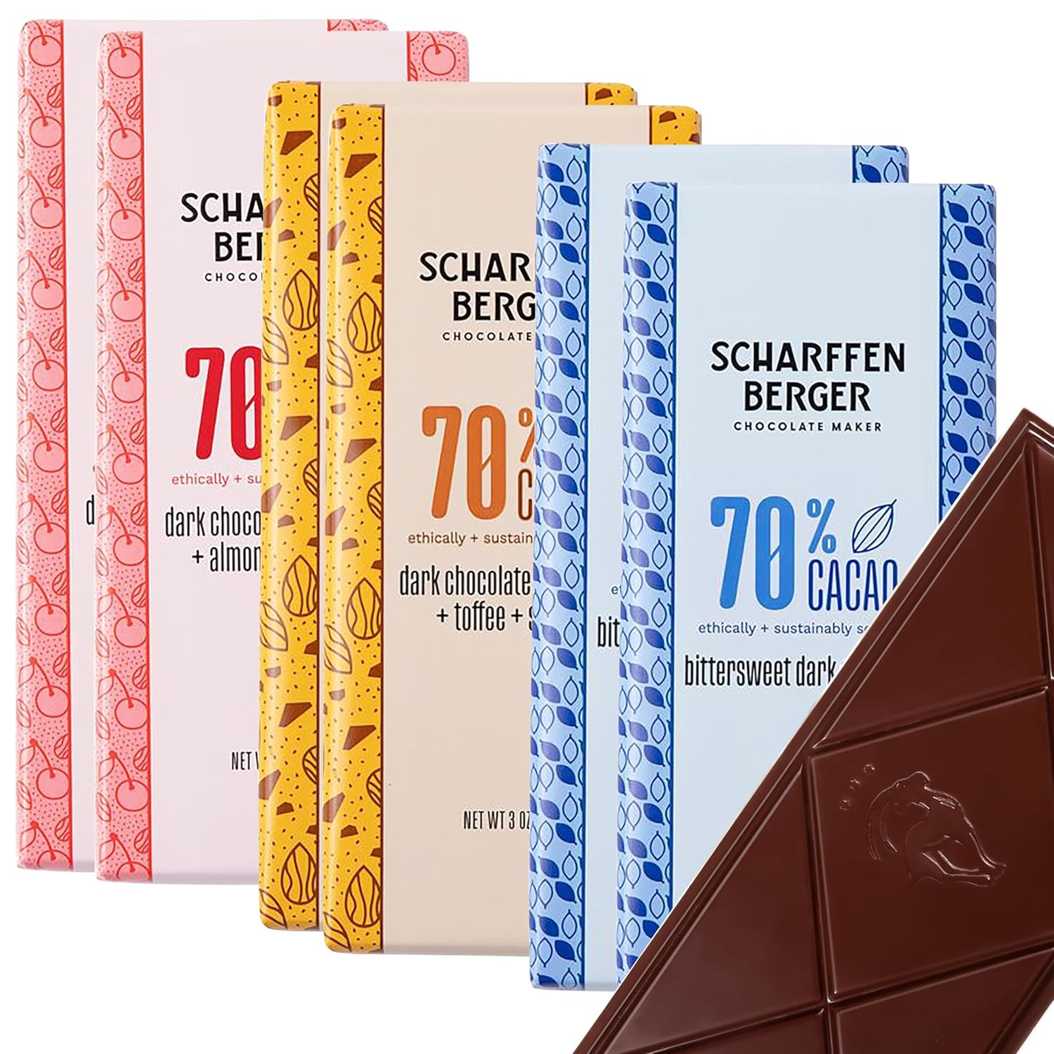 Scharffen Berger Barra de chocolate (3 onzas, paquete de 6)  Paquete variado de barras de chocolate amargo amargo, 70% de cacao, sin gluten, barras