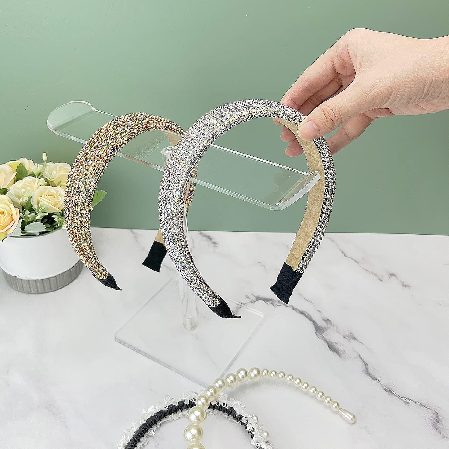 Bigfety Soporte para diadema de acrílico, paquete de 2 soportes organizadores transparentes para la cabeza, almacenamiento de accesorios para el