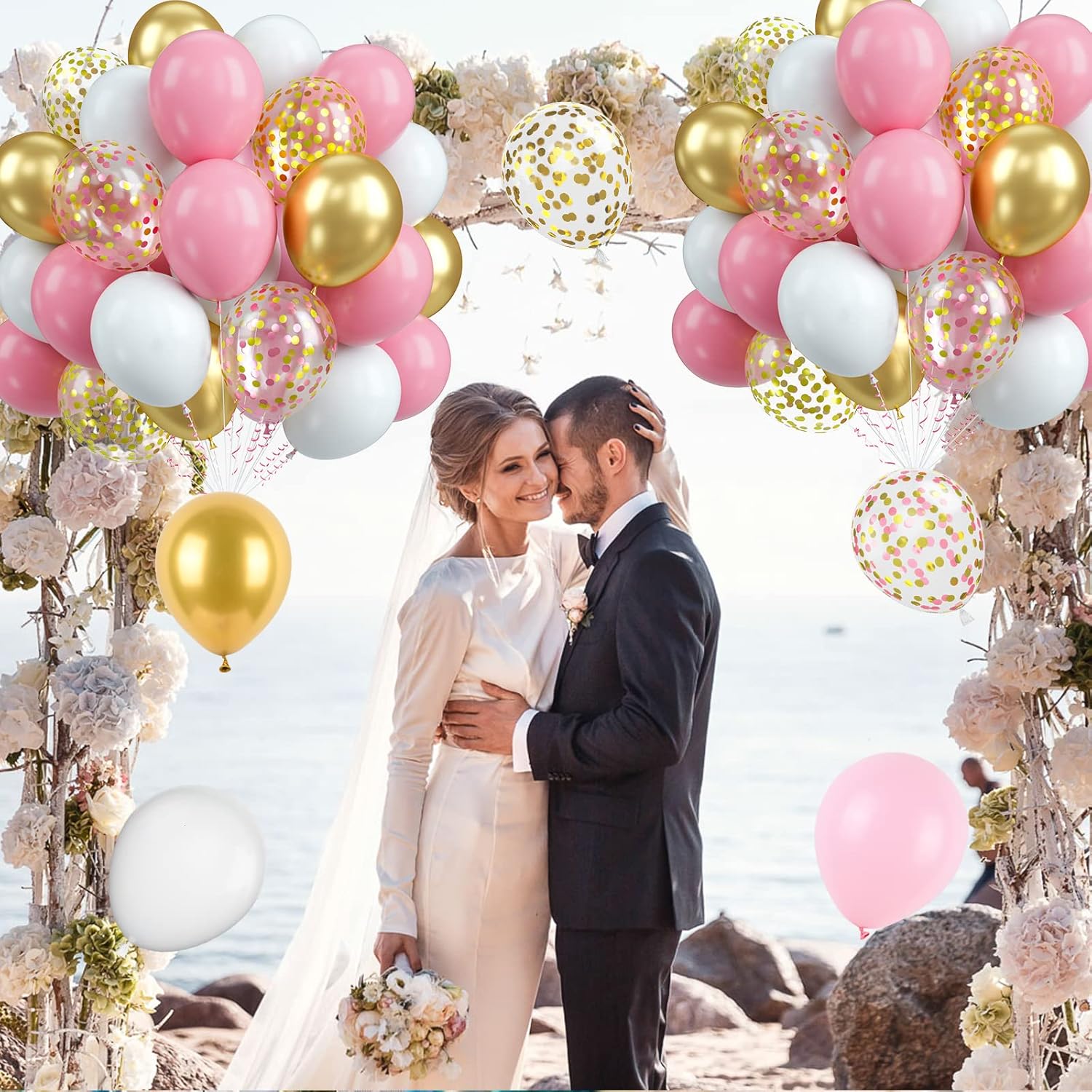 Biapian Globos de oro rosa, 60 globos rosa, blanco y dorado, globos de confeti dorado metálico de 12 pulgadas, globo de látex rosa pastel, helio