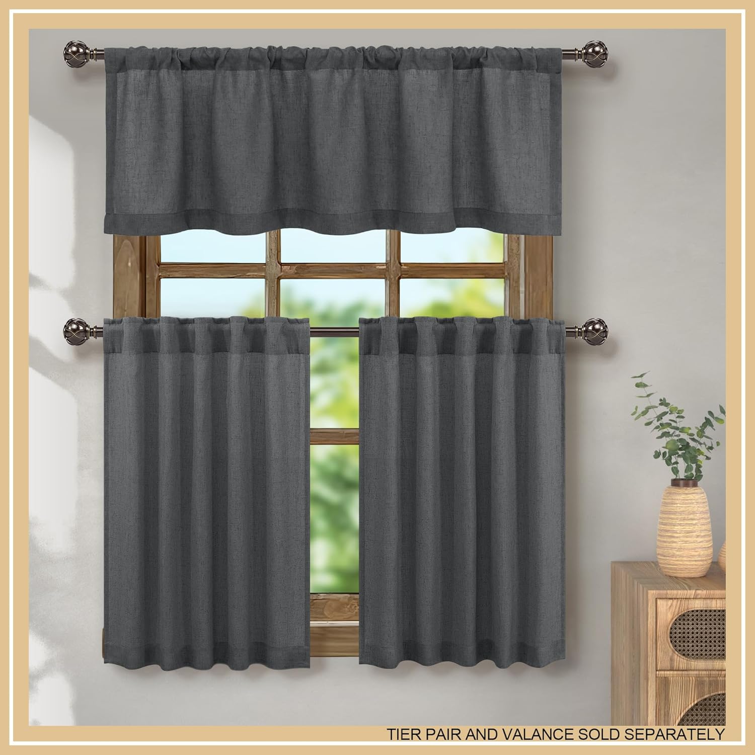 Pitalk Cenefa gris oscuro para ventana de 18 pulgadas de largo, cenefa de cocina de lino transparente de algodón para baño, cenefa para sala de
