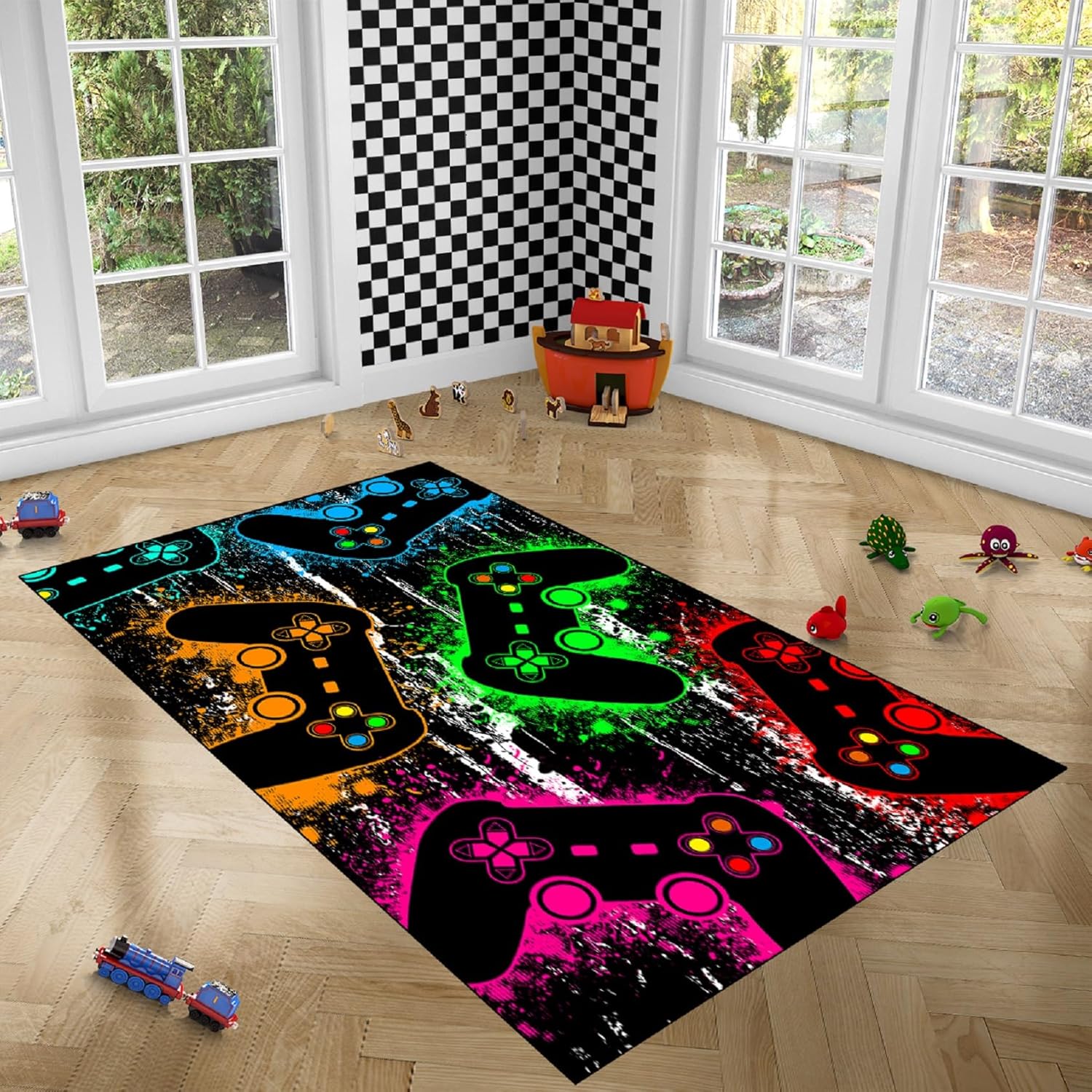 Alfombra de área grande para comedor, habitación de los niños, tapete de gamepad dibujado a mano verde para adolescentes, alfombra de piso para sala