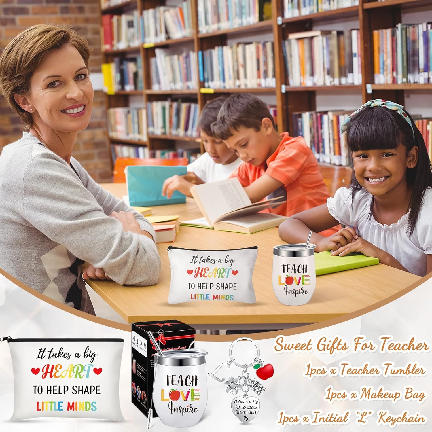 Vaso de vino de 3 piezas de 12 onzas con texto en inglés “Teach Love Inspire – It Takes a Big Heart To Help Shape Little Minds – Bolsa de cosméticos