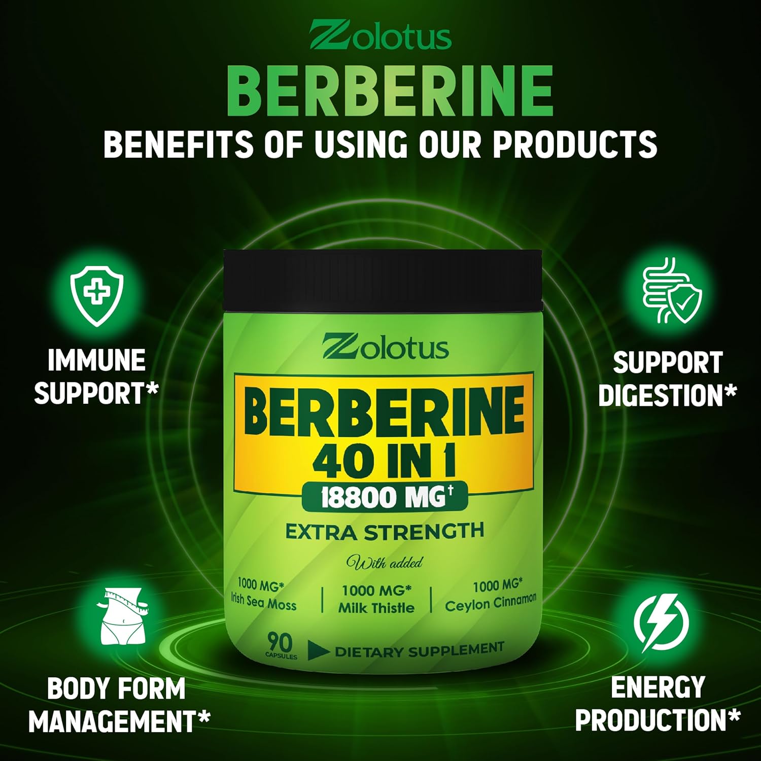 Zolotus Suplemento de berberina de 18800 mg 40 en 1, con musgo marino, canela, cardo mariano, vinagre de sidra de manzana, quercetina, el mejor