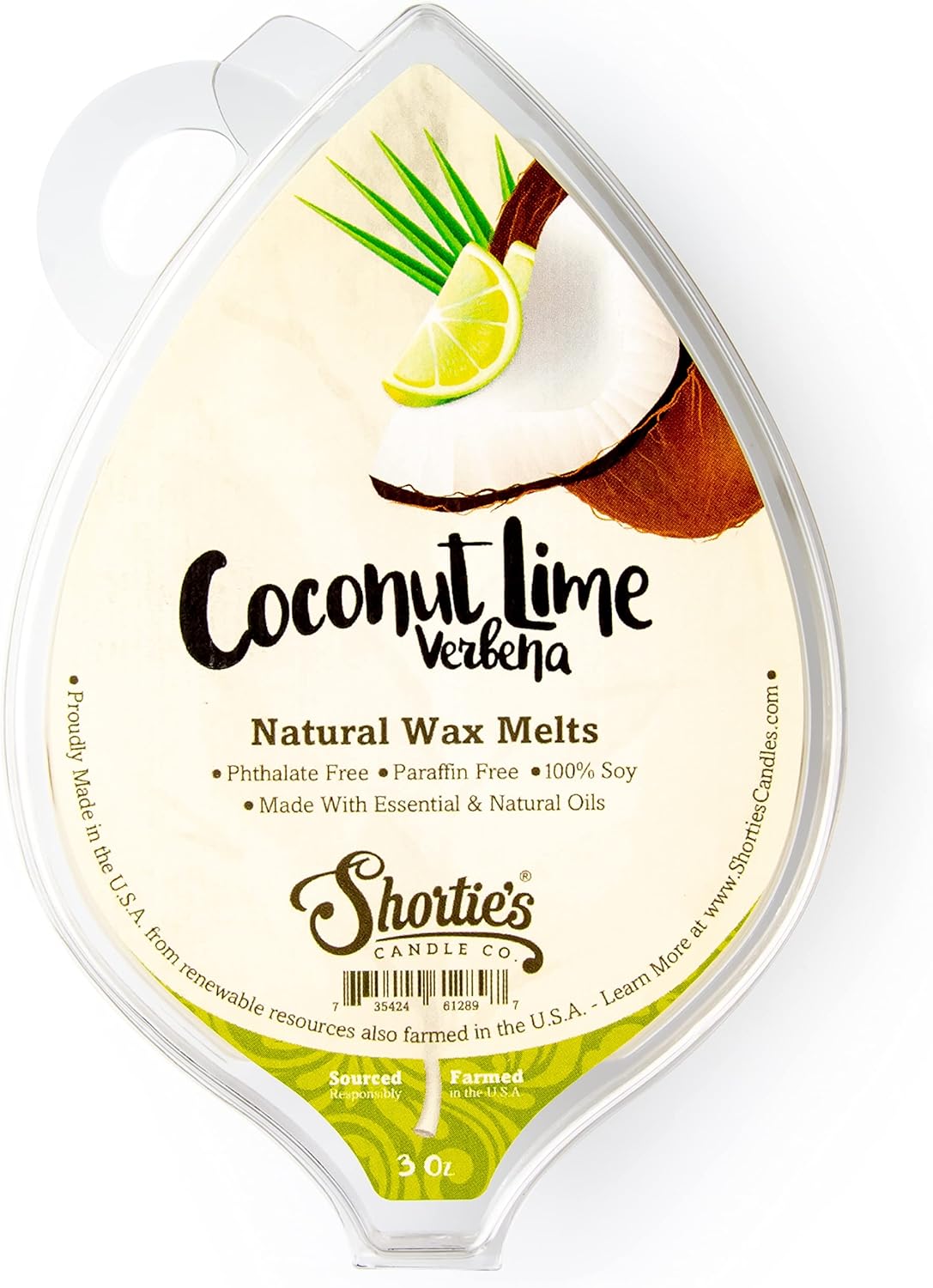 Shortie’s Candle Company Coconut Lime Verbena – Cera de soja natural para derretir  1 barra altamente perfumada de 3 onzas  Fabricado con 100% soja
