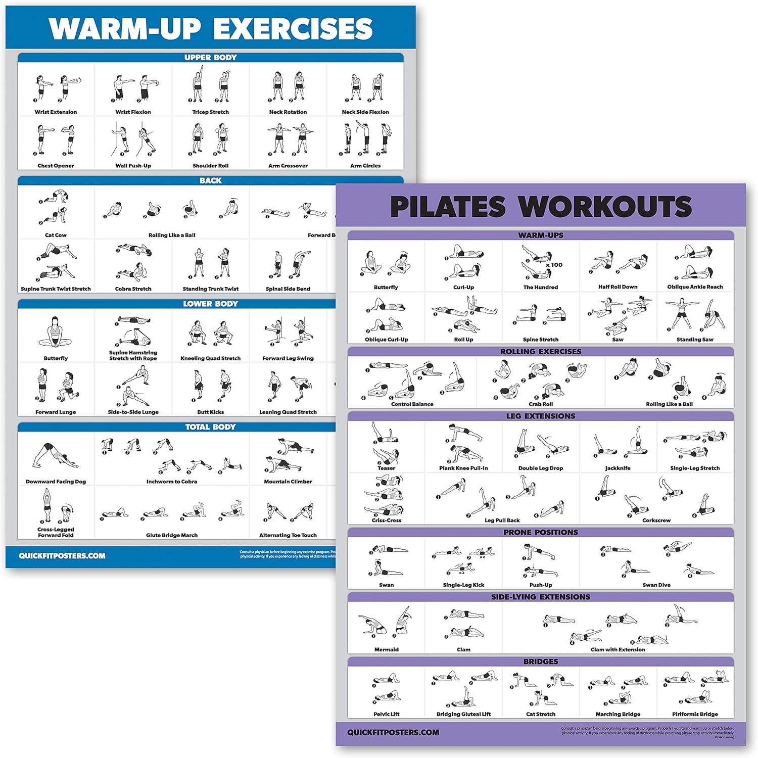 Palace Learning Paquete de 2 ejercicios de calentamiento + ejercicios de pilates – Juego de 2 tablas de entrenamiento (laminadas, 18 x 24 pulgadas)