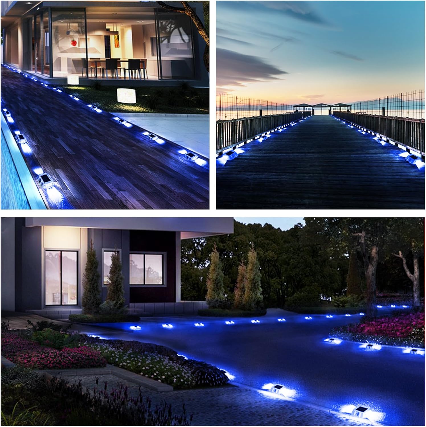 Paquete de 4 luces solares para cubierta, luces LED solares para exteriores, impermeables, luces de advertencia para entrada, acera, camino, patio,