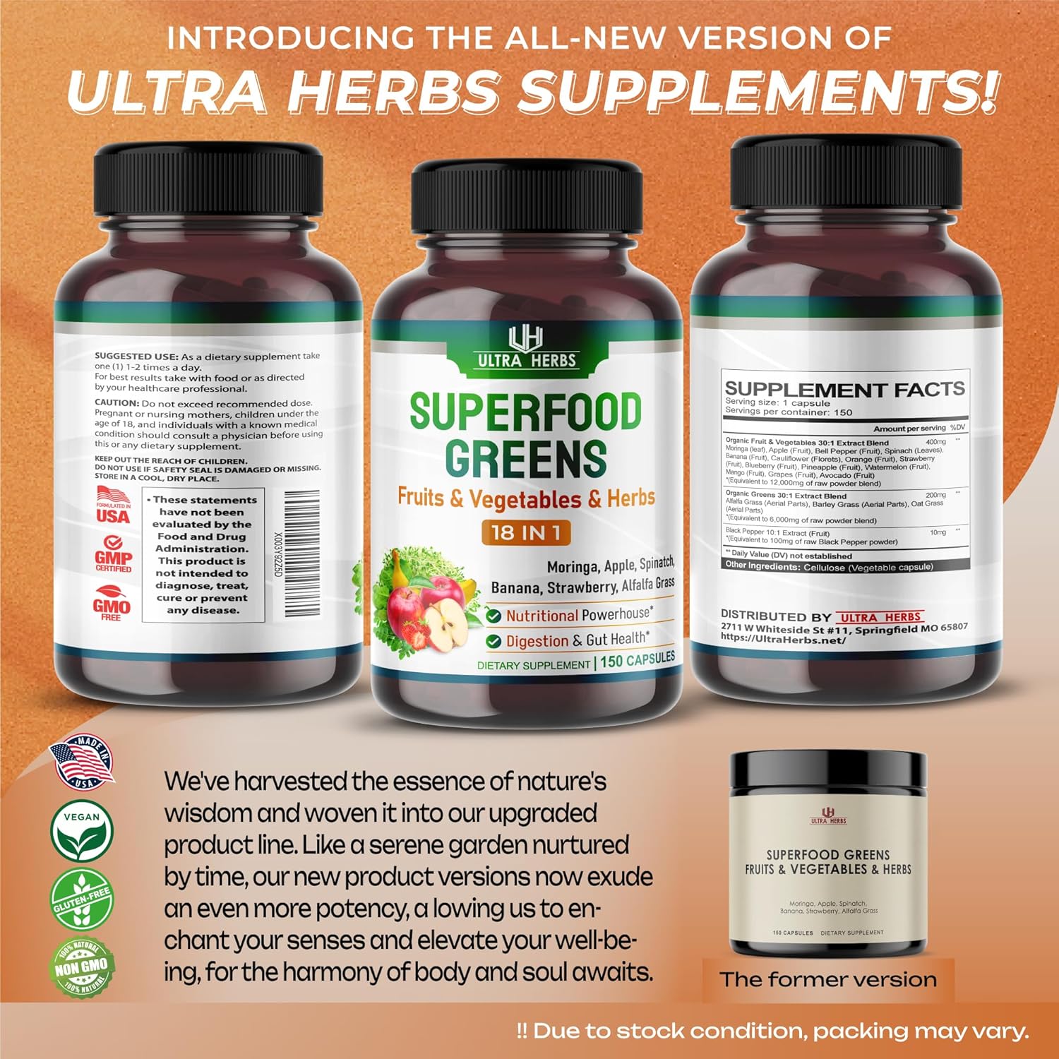 Superfood Greens 18 en 1  18,100 mg con frutas y verduras y hierbas  Moringa, alfalfa, manzana, espinatch, plátano, fresa, potencia la energía, la