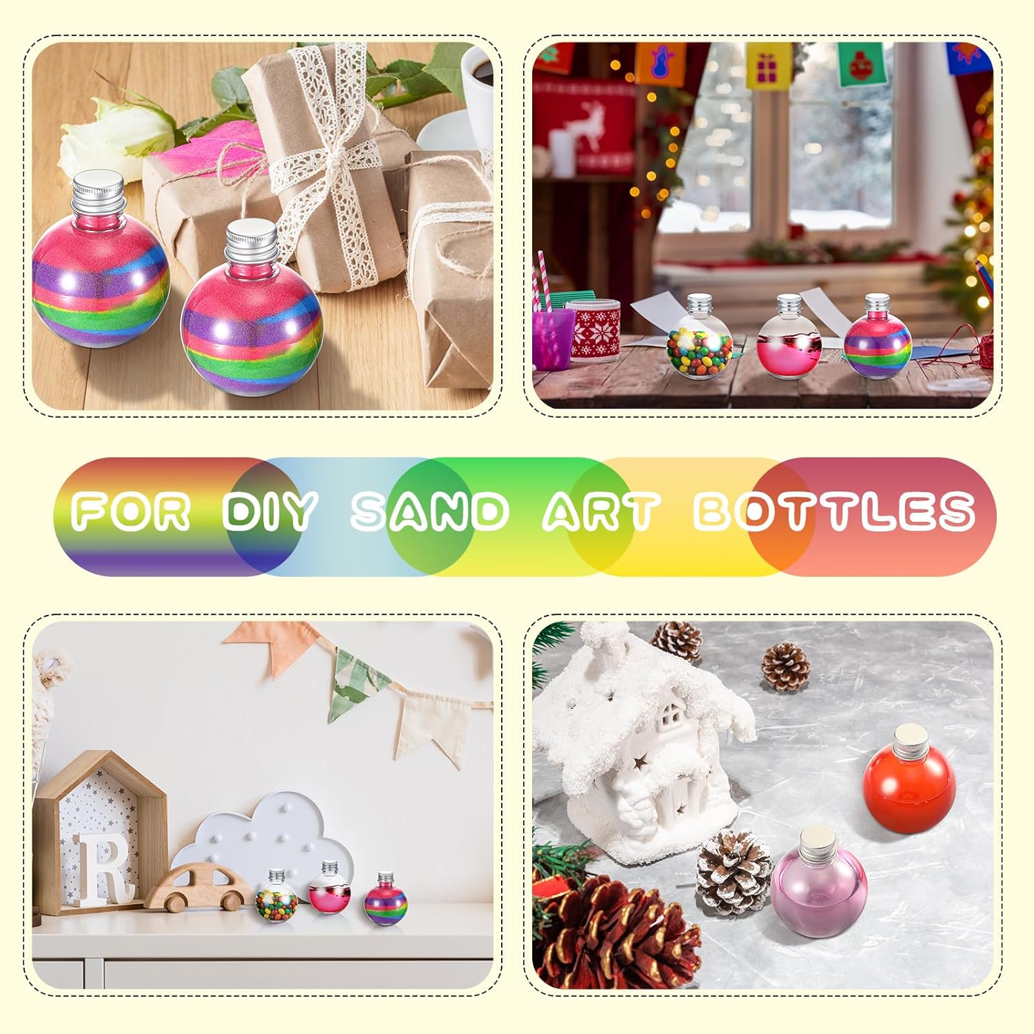 24 botellas esféricas de plástico con forma de bola, botellas redondas de arena de 3.4 onzas con 5 embudos, botella decorativa para dulces para San