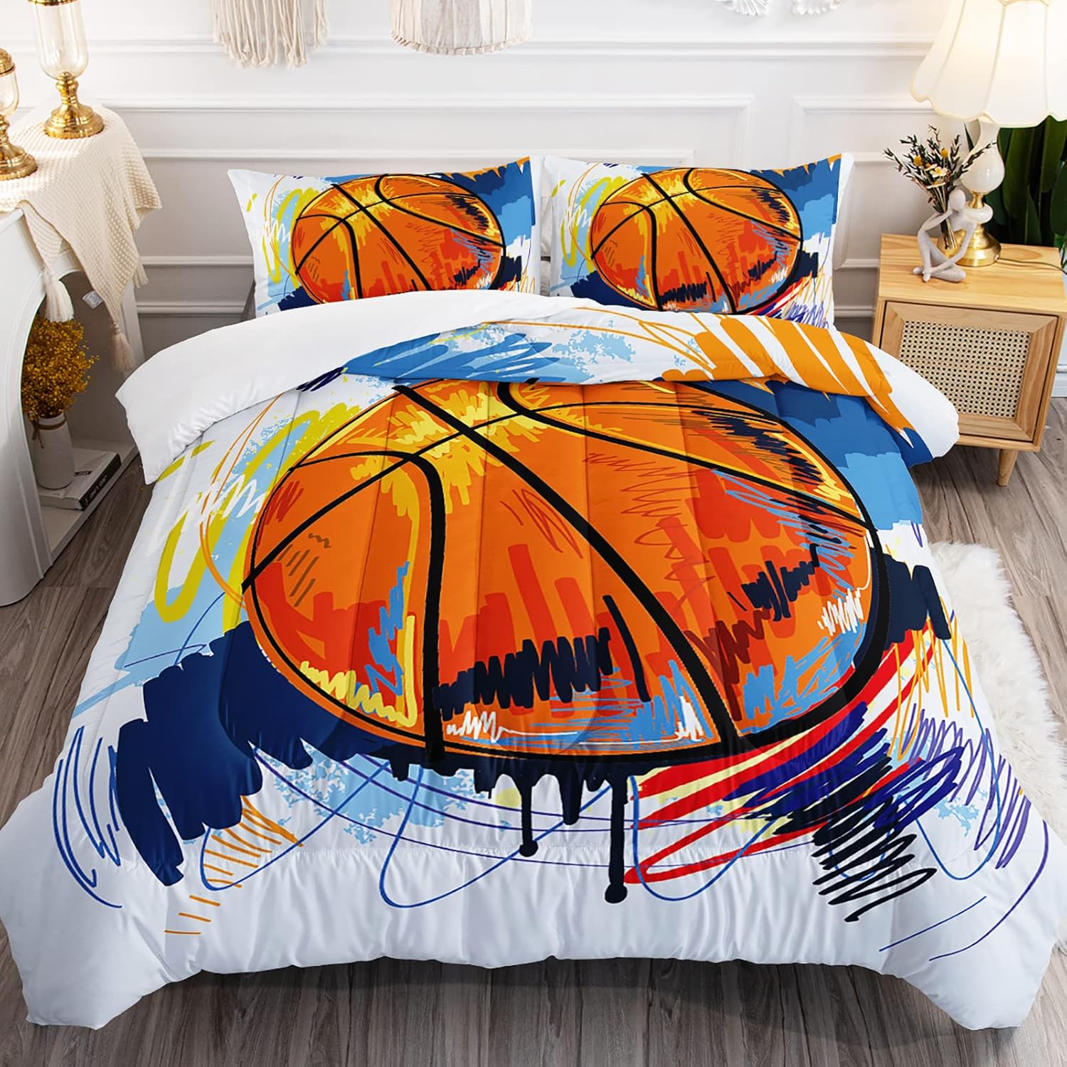 Juego de edredón de baloncesto para niños, juego de ropa de cama deportiva tamaño individual para niños y adolescentes, diseño de edredón de estilo