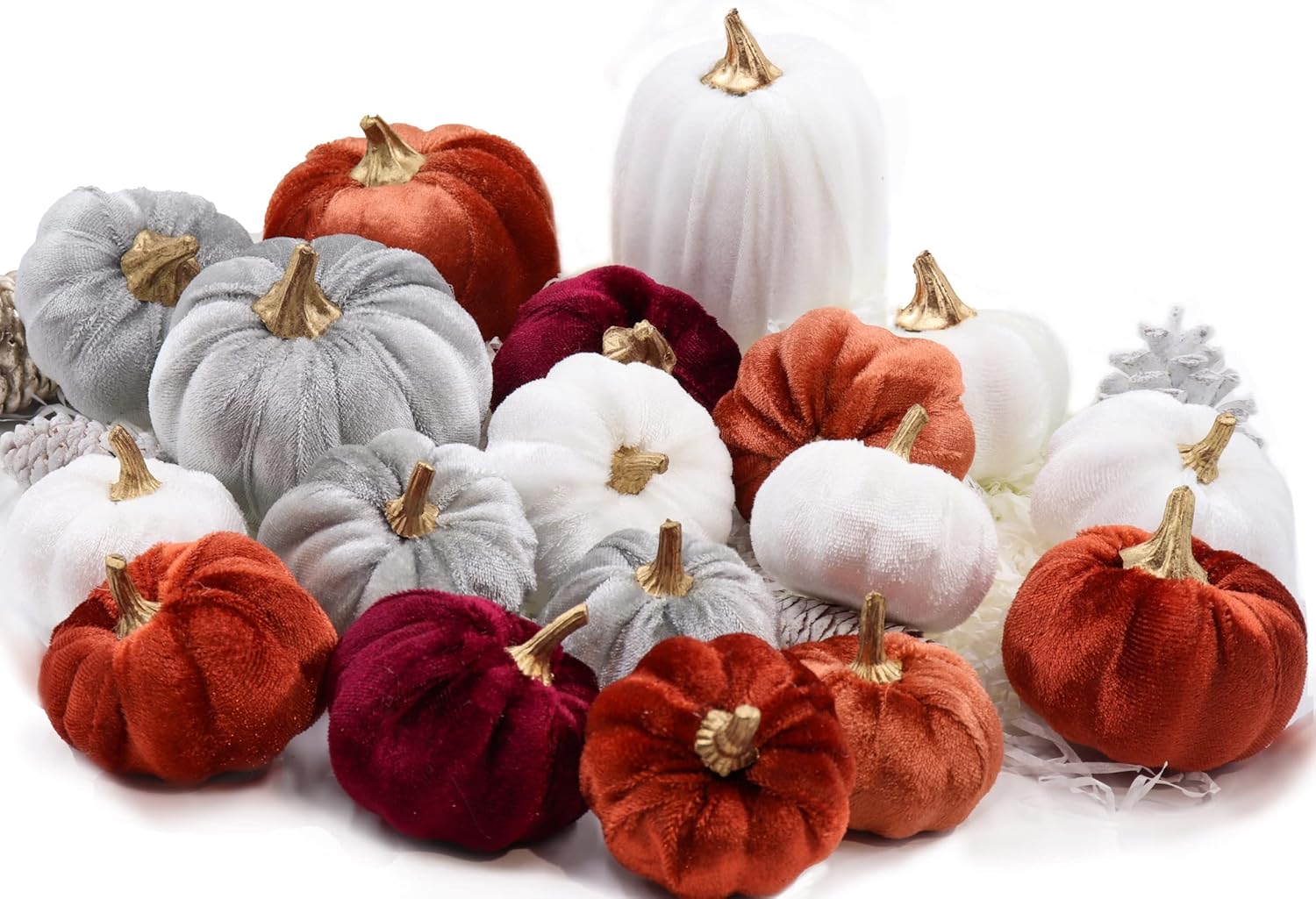 Calabazas de terciopelo de Acción de Gracias, 18 piezas de decoración de mesa de otoño para el hogar, juego de calabazas artificiales para la