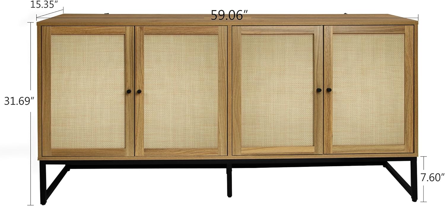 Aparador moderno, armario de almacenamiento con puertas de ratán y estantes ajustables, armario de almacenamiento independiente para cocina,
