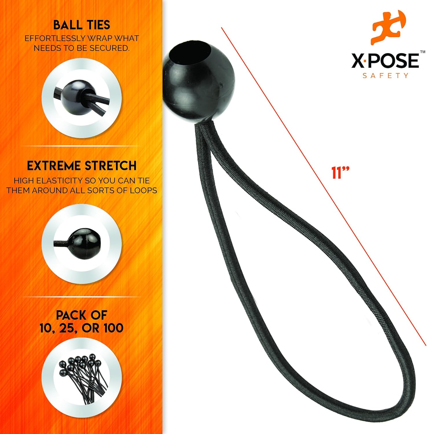 Xpose Safety Cuerdas elásticas de bolas de 11 pulgadas, paquete de 10 cuerdas elásticas negras resistentes con lazos de bolas para toldos, lonas,