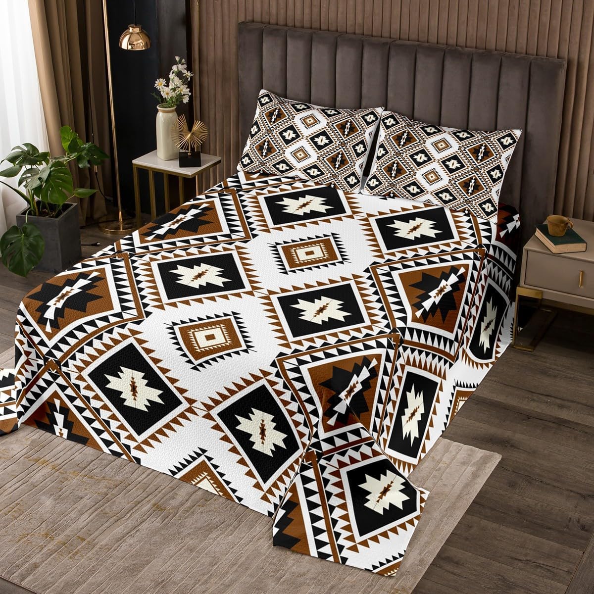 Juego de colcha étnica bohemia tamaño Queen, estilo occidental, bohemio, azteca, del suroeste, juego de ropa de cama exótica mexicana geométrica con