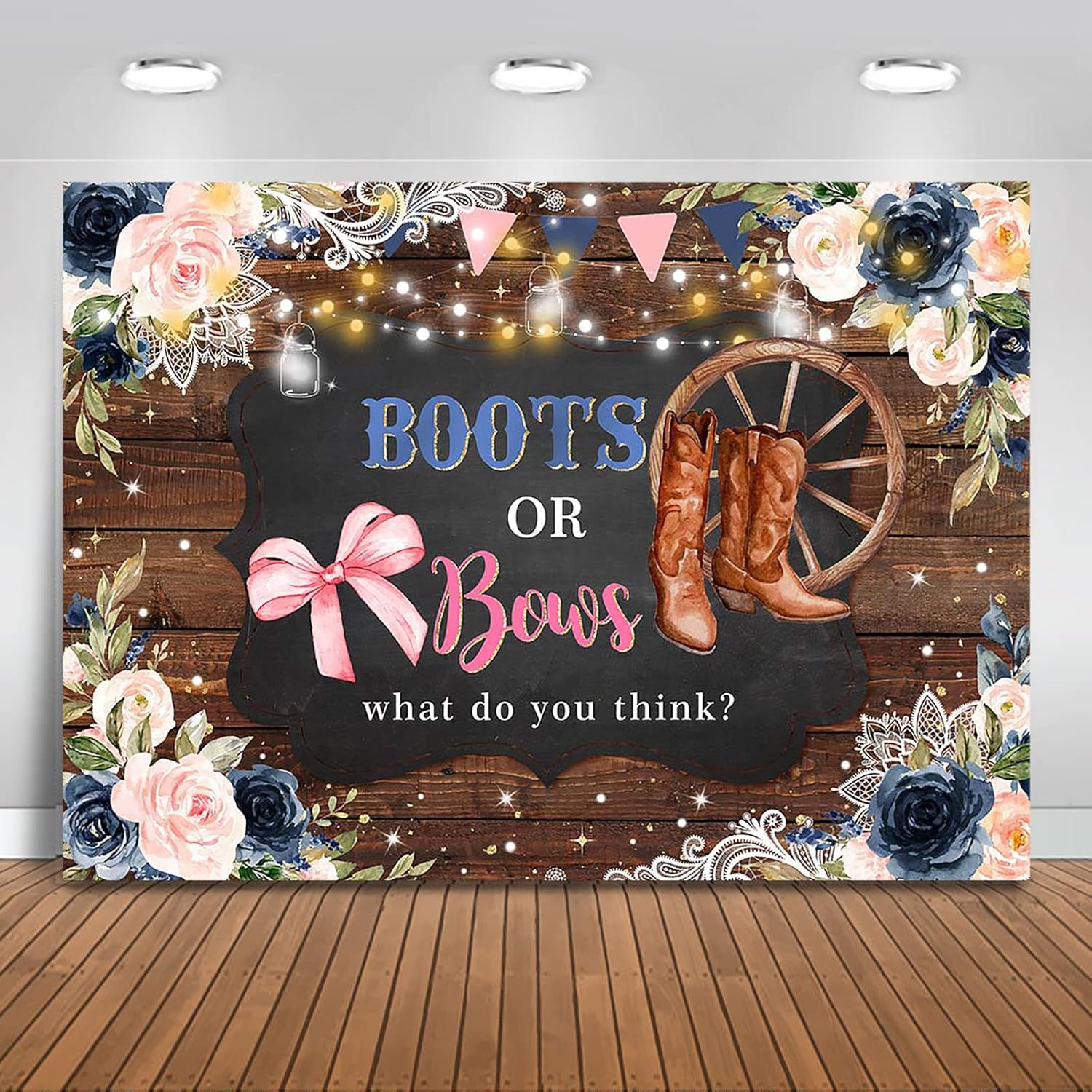 Mocsicka Fondo para revelación de género, botas o lazos, de madera rústica, floral, decoración de fiesta de baby shower, fondo de revelación de