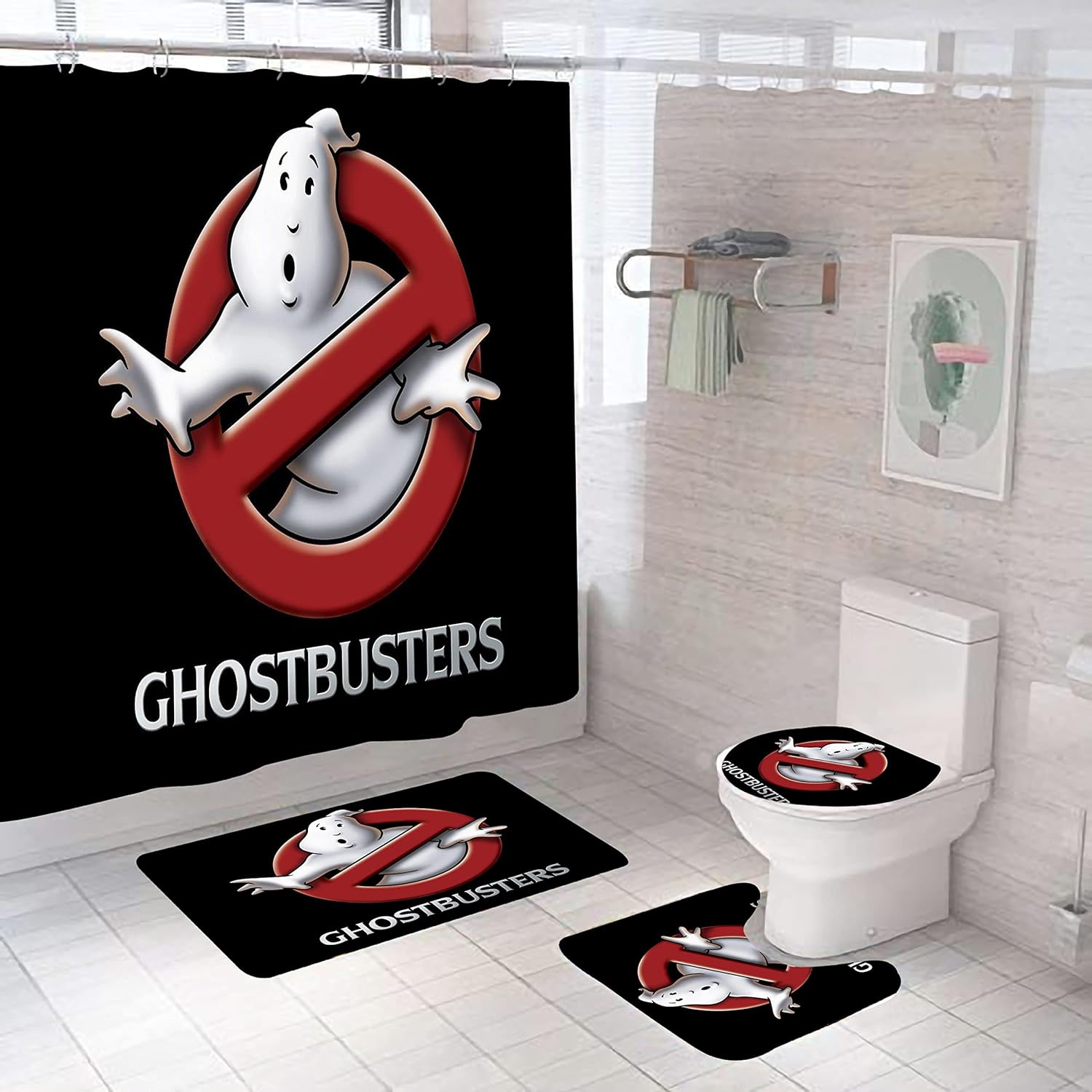 Ghostbusters – Juego de 4 cortinas de ducha, cubierta para tapa de inodoro y tapete de baño, alfombras antideslizantes, duraderas e impermeables,