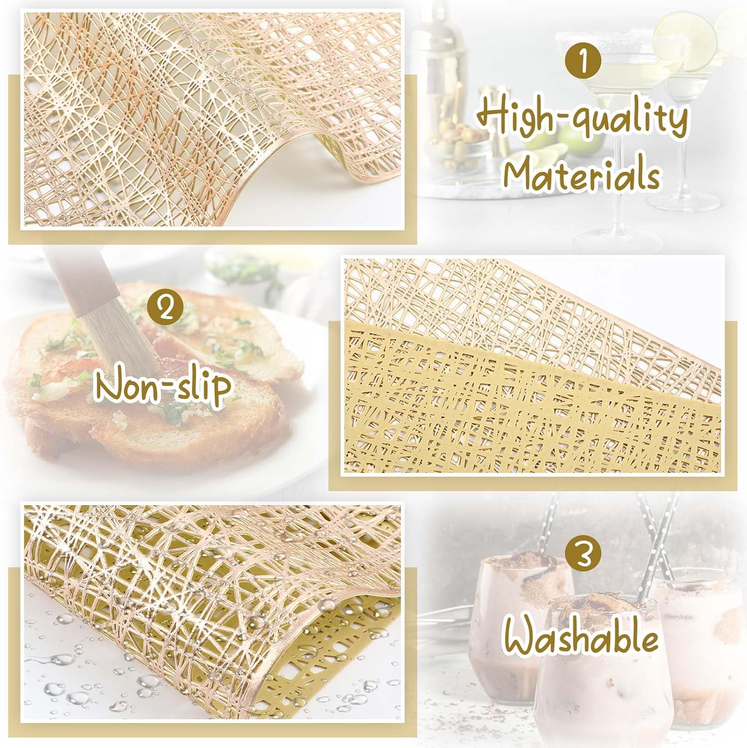 Zhehao 24 manteles individuales rectangulares de vinilo dorados a granel de plástico metálico dorado de 17.7 x 11.8 pulgadas, antideslizantes,
