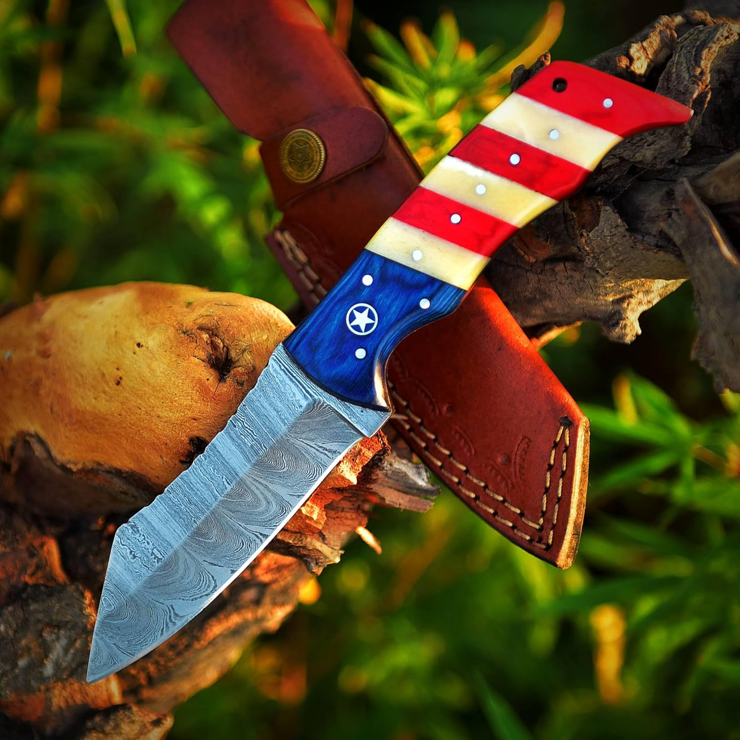 Cuchillo de caza de Damasco hecho a mano de 8 pulgadas, cuchillo de caza de hoja fija con funda de cuero, cuchillo de damasco de hoja fija con mango