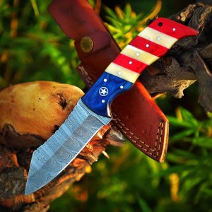 Cuchillo de caza de Damasco hecho a mano de 8 pulgadas, cuchillo de caza de hoja fija con funda de cuero, cuchillo de damasco de hoja fija con mango Cuchillo de caza de Damasco hecho a mano de 8 pulgadas, cuchillo de caza de hoja fija con funda de cuero, cuchillo de damasco de hoja fija con mango
