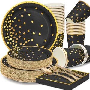 CENLBJ Black and Gold Party Supplies-Golden Dot Paper Plates,Black Napkins&Cups and Plastic Utensils,Gold Rim Disposable Paper Tableware for CENLBJ Black and Gold Party Supplies-Golden Dot Paper Plates,Black Napkins&Cups and Plastic Utensils,Gold Rim Disposable Paper Tableware for