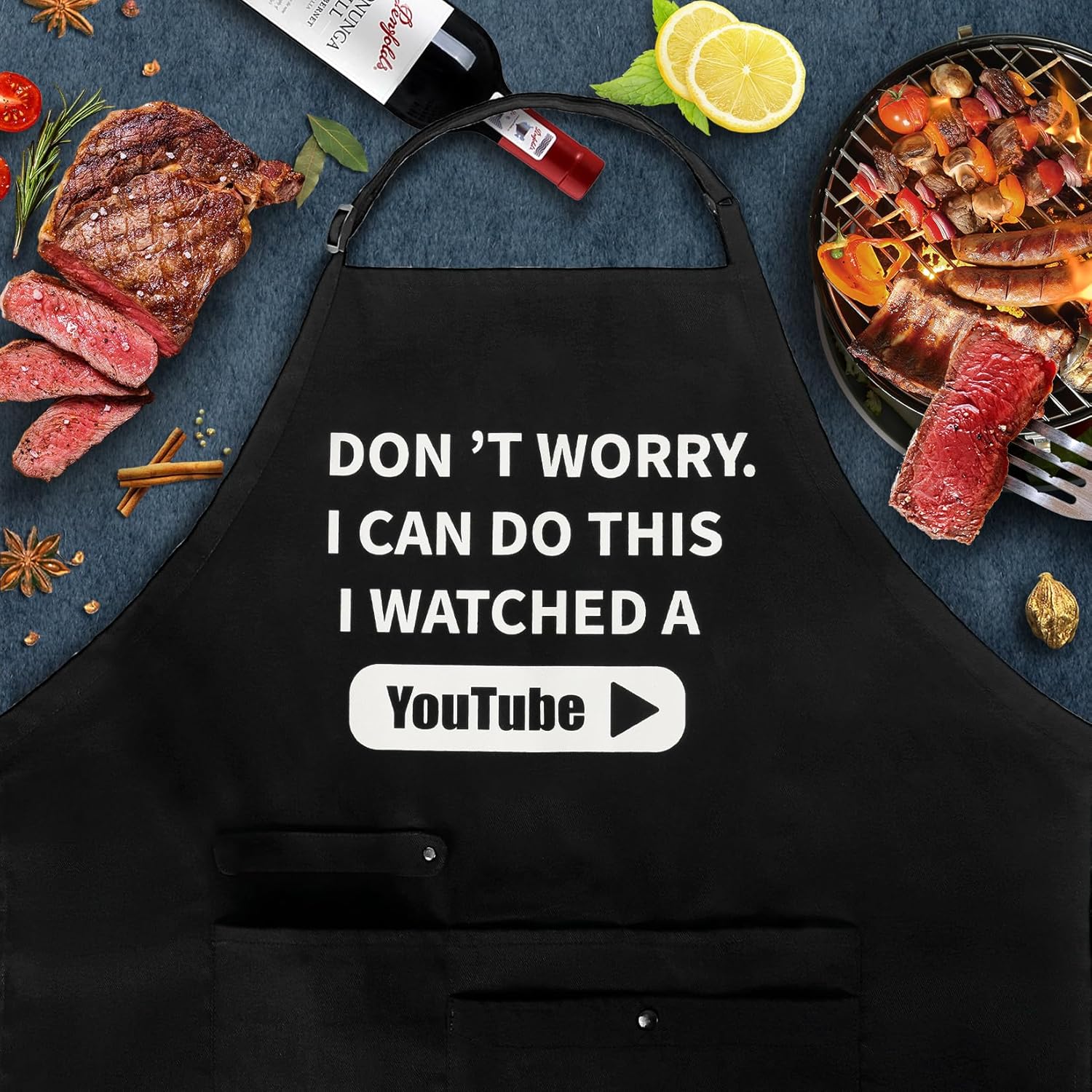 BESTVIVE Mens BBQ Apron with Pockets, Funny Cooking Chefs Aprons for Men, Grill Waterproof Kitchen Apron for Father Dad Gifts