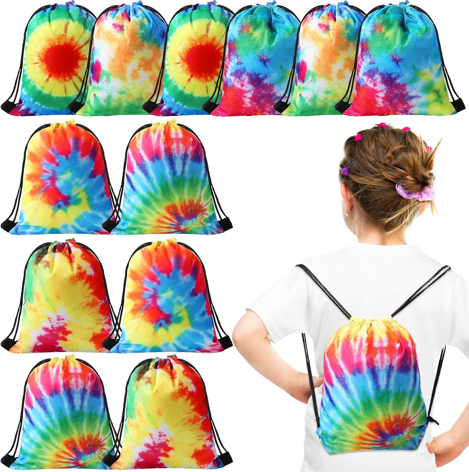 12 bolsas de regalo de fiesta de teñido anudado con cordón, bolsa de regalo de cumpleaños, bolsa de dulces para golosinas, bolsa de mano de