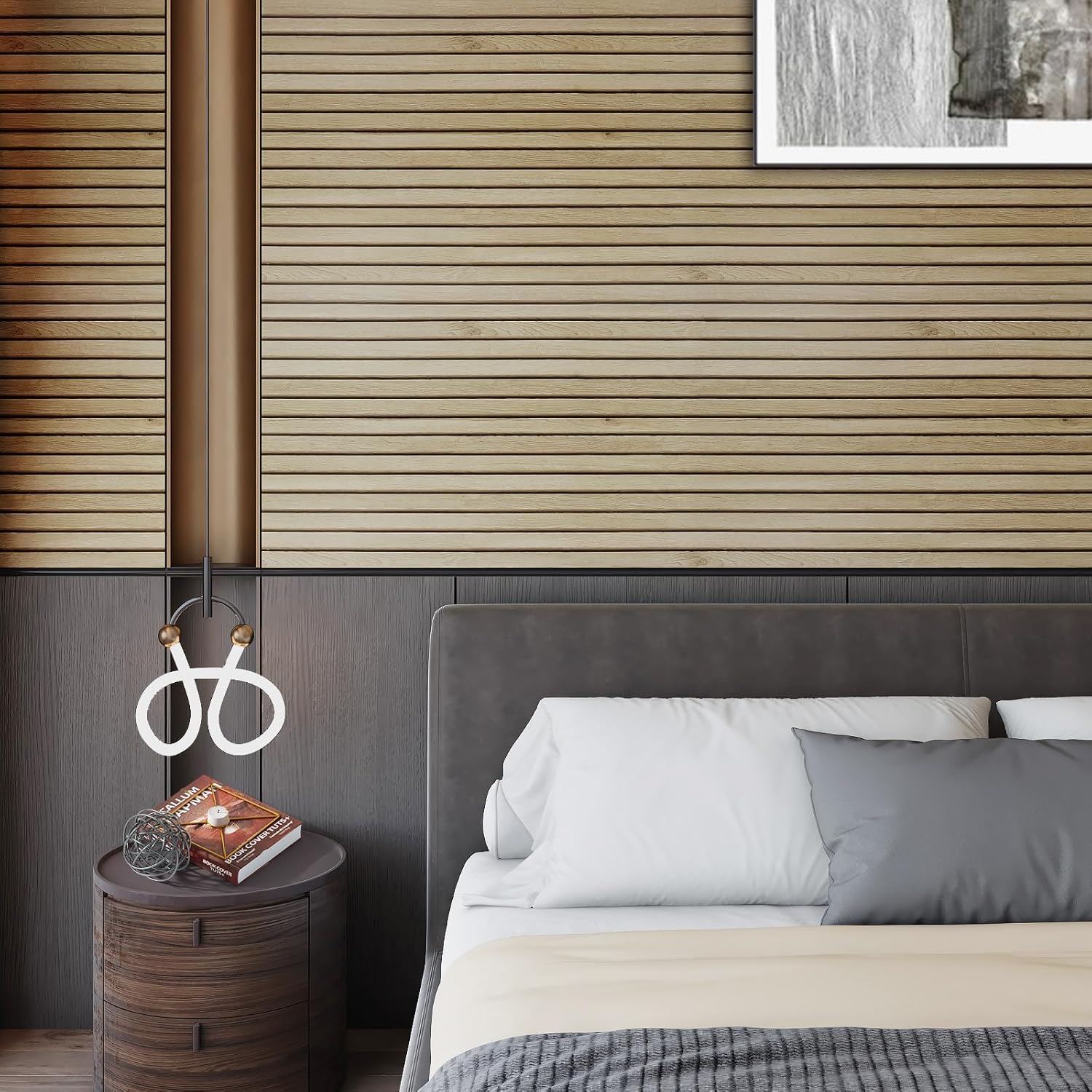 LACHEERY Panel de pared de listones de madera, papel tapiz autoadhesivo de grano de madera gris, papel de contacto de grano de madera gris para