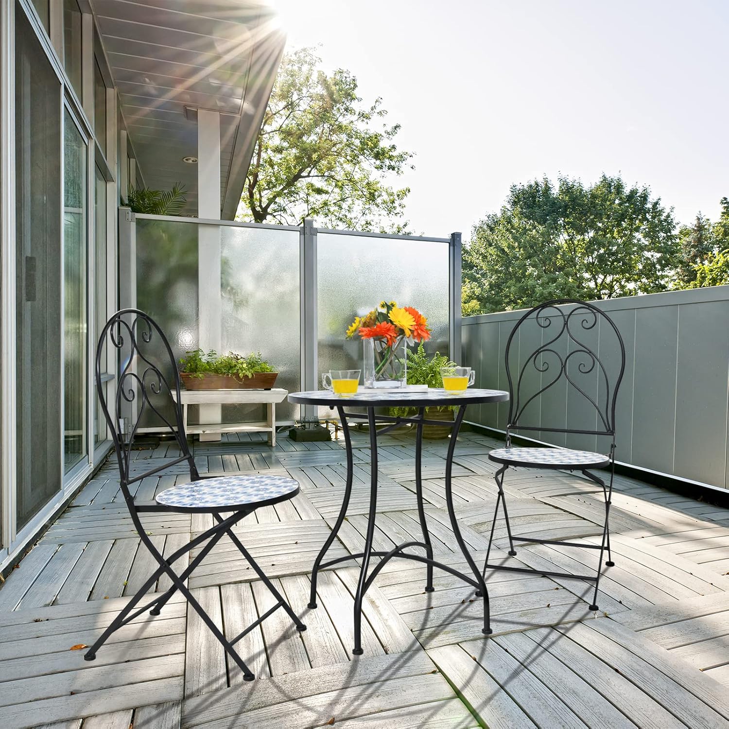 Giantex 2 sillas plegables de bistró, sillas de patio de mosaico con asiento de azulejos de cerámica y exquisito patrón floral, sillas de comedor al