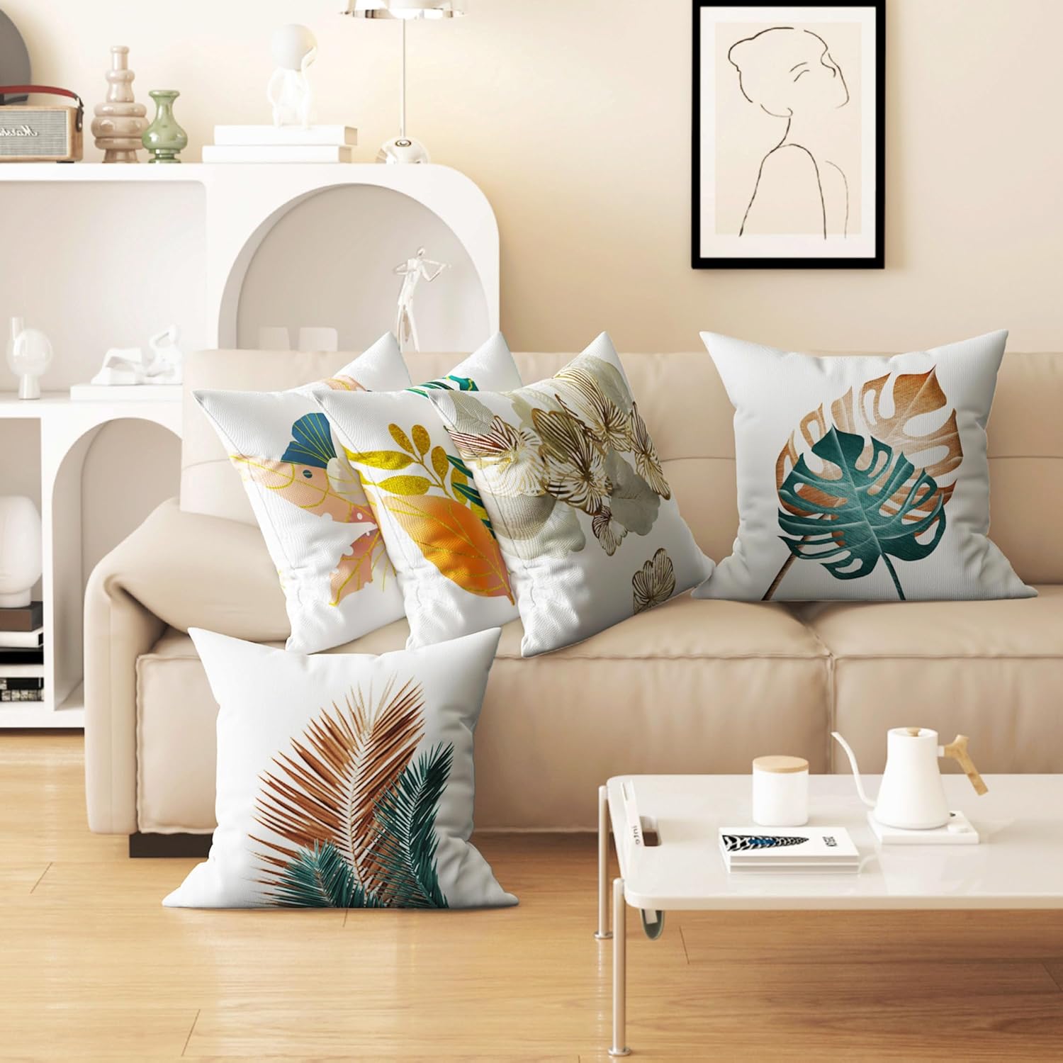Funda de almohada de estilo lujoso con patrón de hojas para decoración del hogar, funda de cojín cuadrada con impresión digital, perfecta para sala