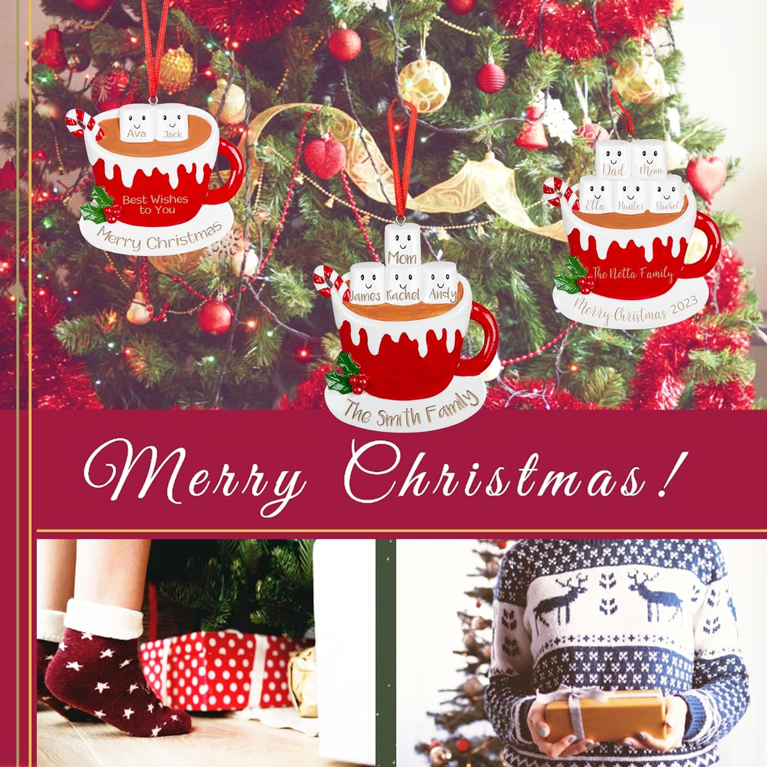 Adornos de Navidad personalizados para la familia 2023 con nombre grabado, taza de resina, decoración de árbol de Navidad, regalos para niños,