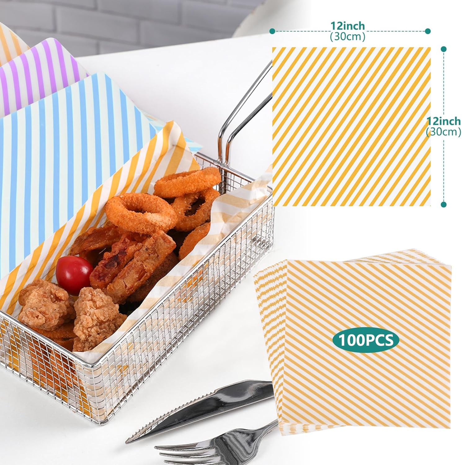 GeeRic Hojas de papel encerado de 12 x 12 pulgadas, 100 forros para cestas de alimentos para sándwiches, hamburguesas, envoltorios de alimentos