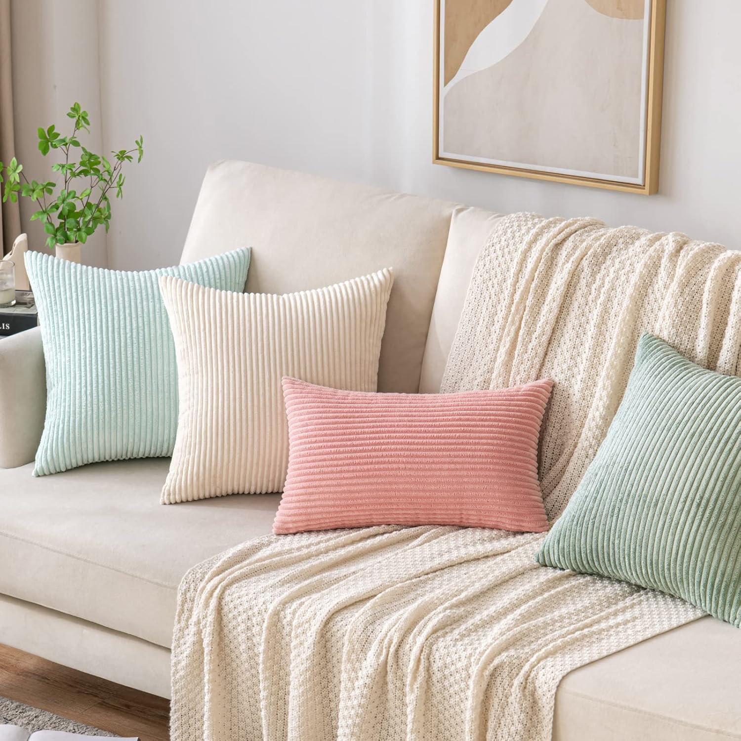 EMEMA Juego de 2 fundas de cojín de pana decorativas de pana suave a rayas, fundas de cojín cuadradas de primavera para sofá, dormitorio, silla o