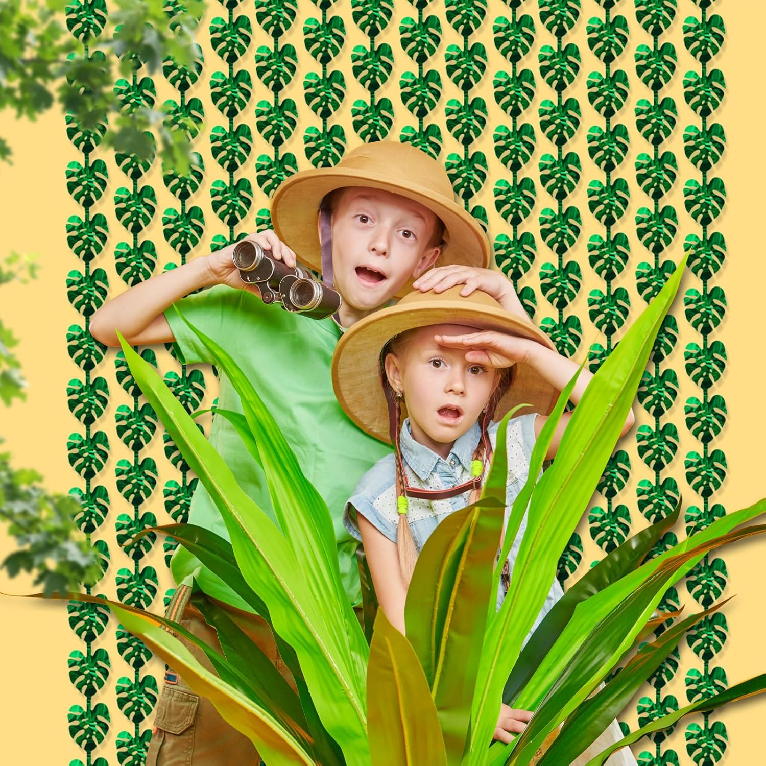 Decoraciones tropicales para fiestas, paquete de 2 unidades, diseño de hojas de palmera tropicales verdes, 3.3 x 6.6 pies, cortinas de flecos de