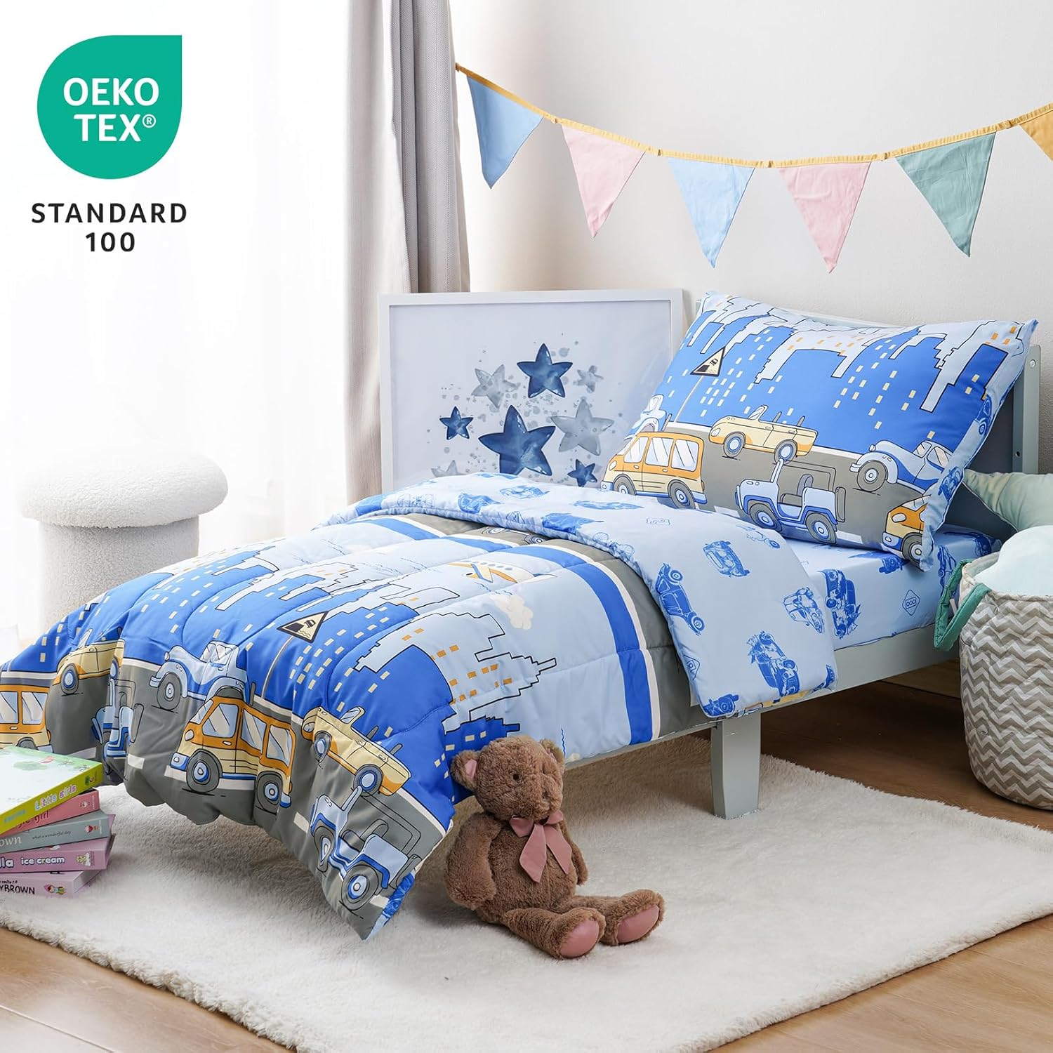 david’s kids Juego de ropa de cama de 4 piezas para niños pequeños, suave y transpirable, incluye edredón acolchado, sábana encimera, sábana bajera