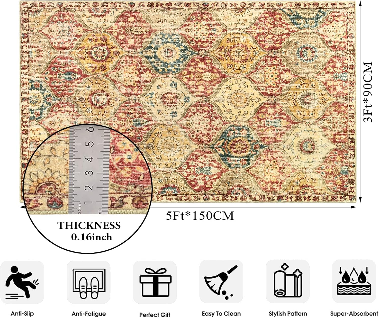 Lahome Alfombras marroquíes con diseño enrejado para sala de estar, alfombra lavable de 3 x 5 pies, antideslizante, para dormitorio, cocina,