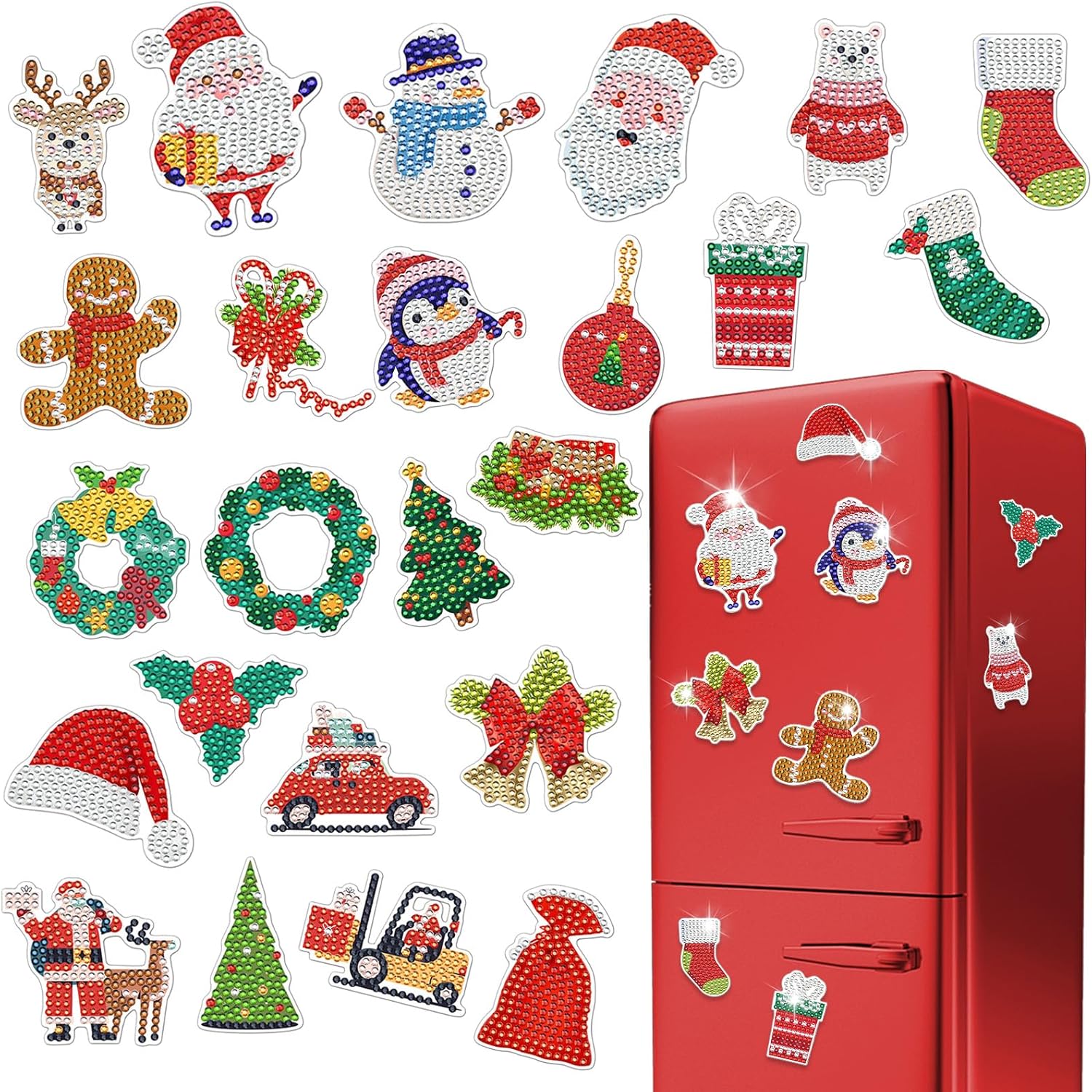 LIANHE – 24 imanes de pintura de diamantes de Navidad, kits de pintura de diamantes para nevera para adultos, niños pequeños, imanes de refrigerador
