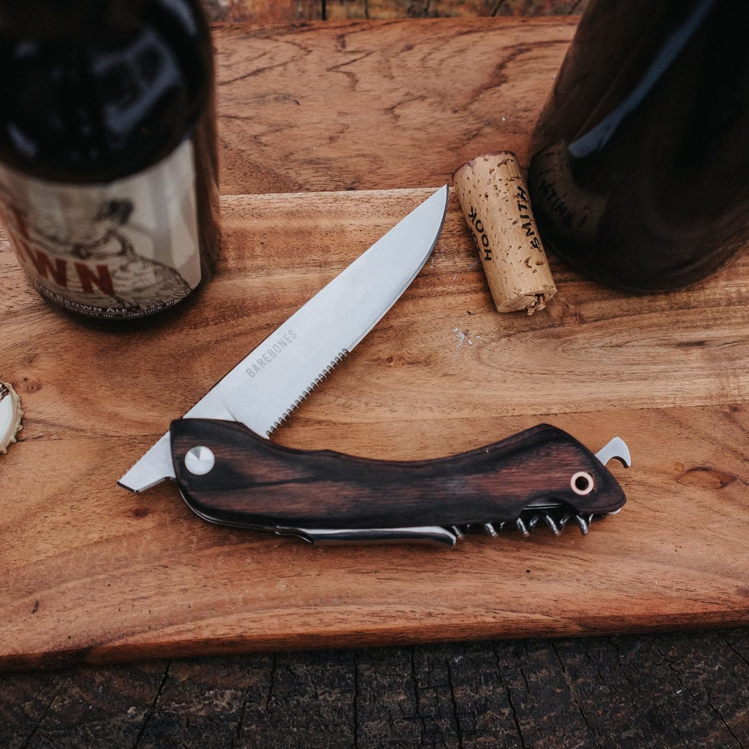 Barebones Provisions – Cuchillo de sacacorchos, versátil cuchillo multiherramienta plegable de 4 pulgadas, hoja con abridor de vino y llave, y mango