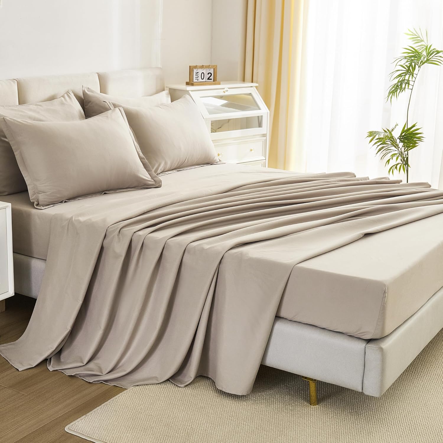 Litanika Juego de edredón tamaño matrimonial, color avena, 7 piezas, ropa de cama en una bolsa, juego de ropa de cama ligero y liso con edredón,