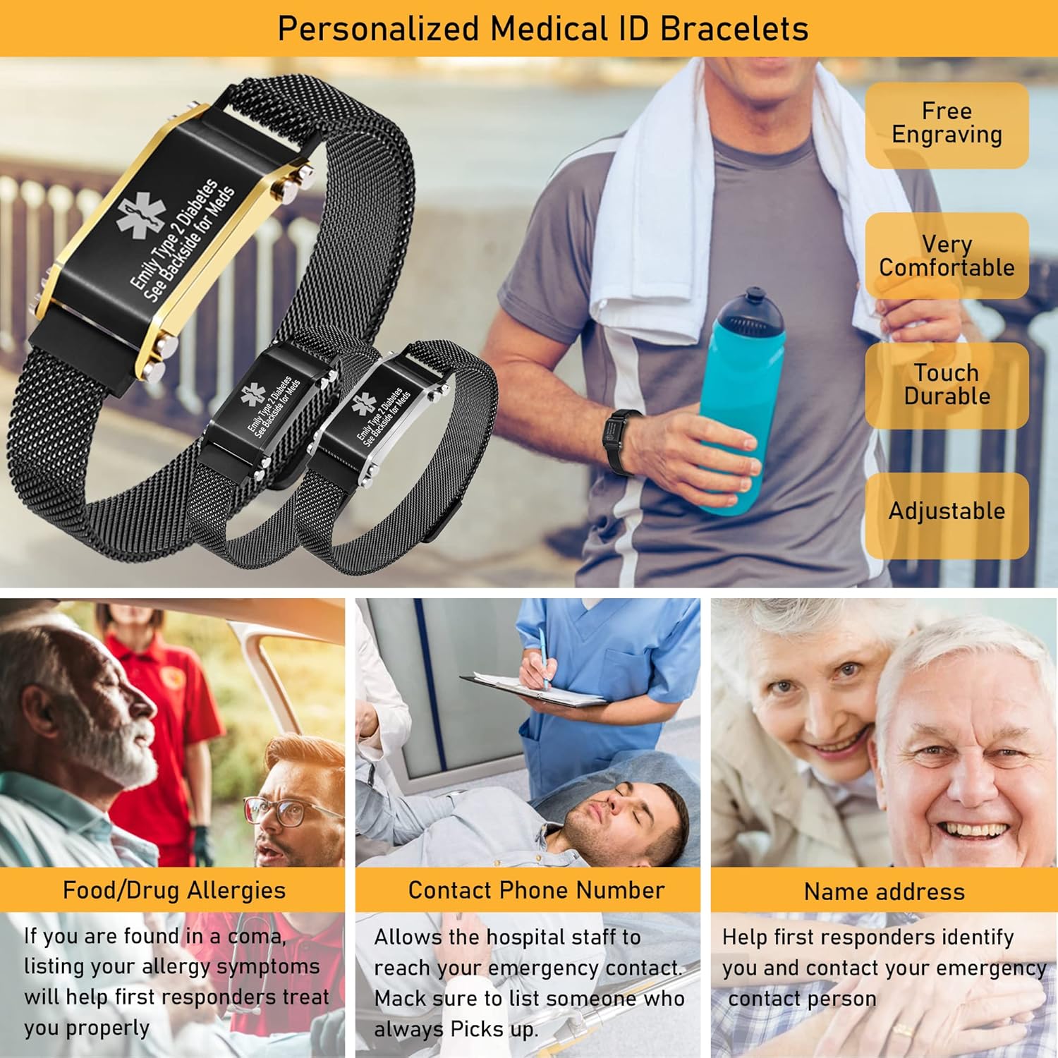 VNOX – Pulseras de identificación y alerta médica para hombres, mujeres y niños, con grabado, malla ajustable de acero inoxidable, para emergencias