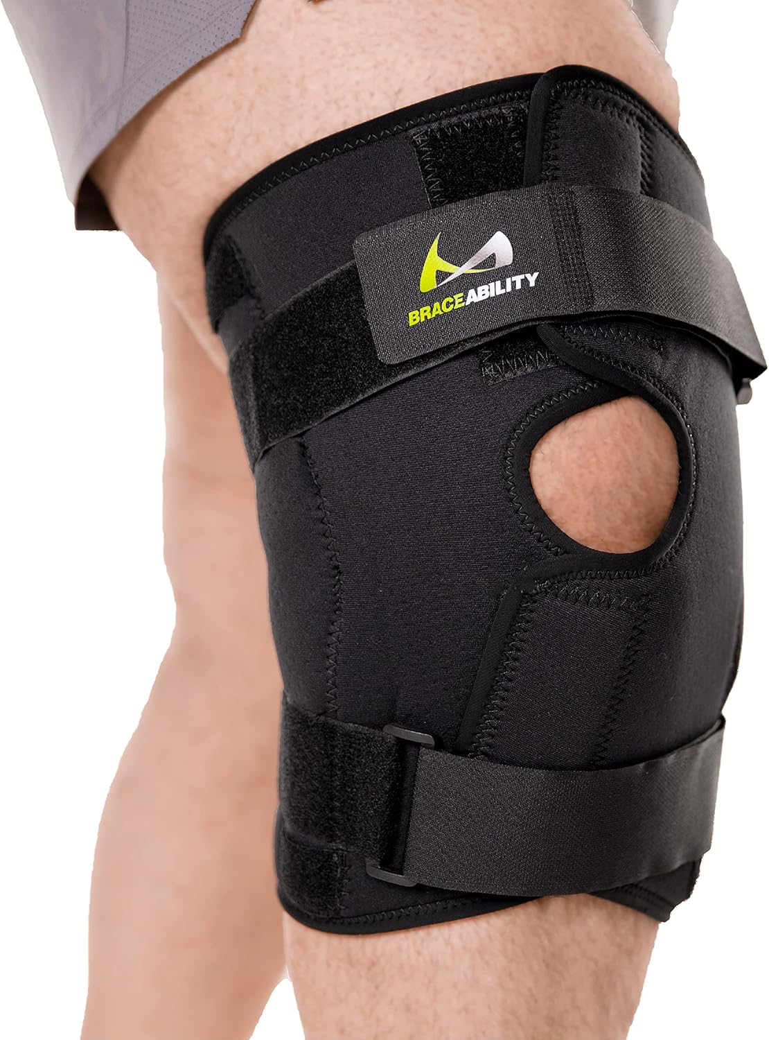 BraceAbility Rodillera envolvente de talla grande, soporte de compresión bariátrica con bisagras para hombres y mujeres con muslos grandes,